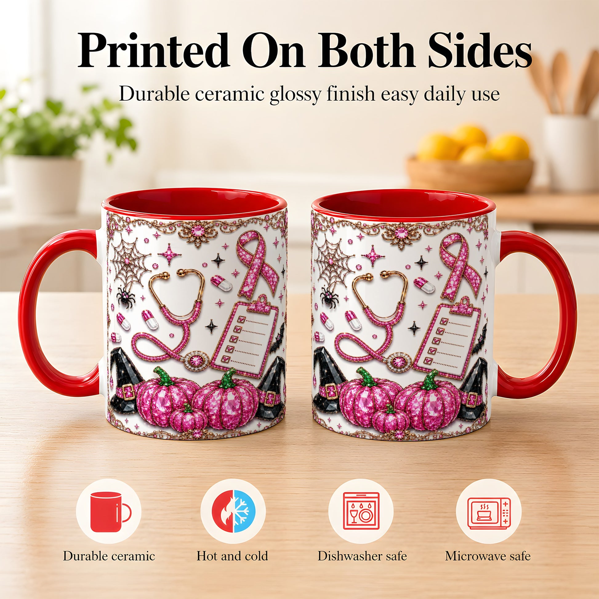 #pl[11oz|Red] Medical Halloween Coffee Mug, Pink Ribbon Nurse Mug, Ceramic Cup