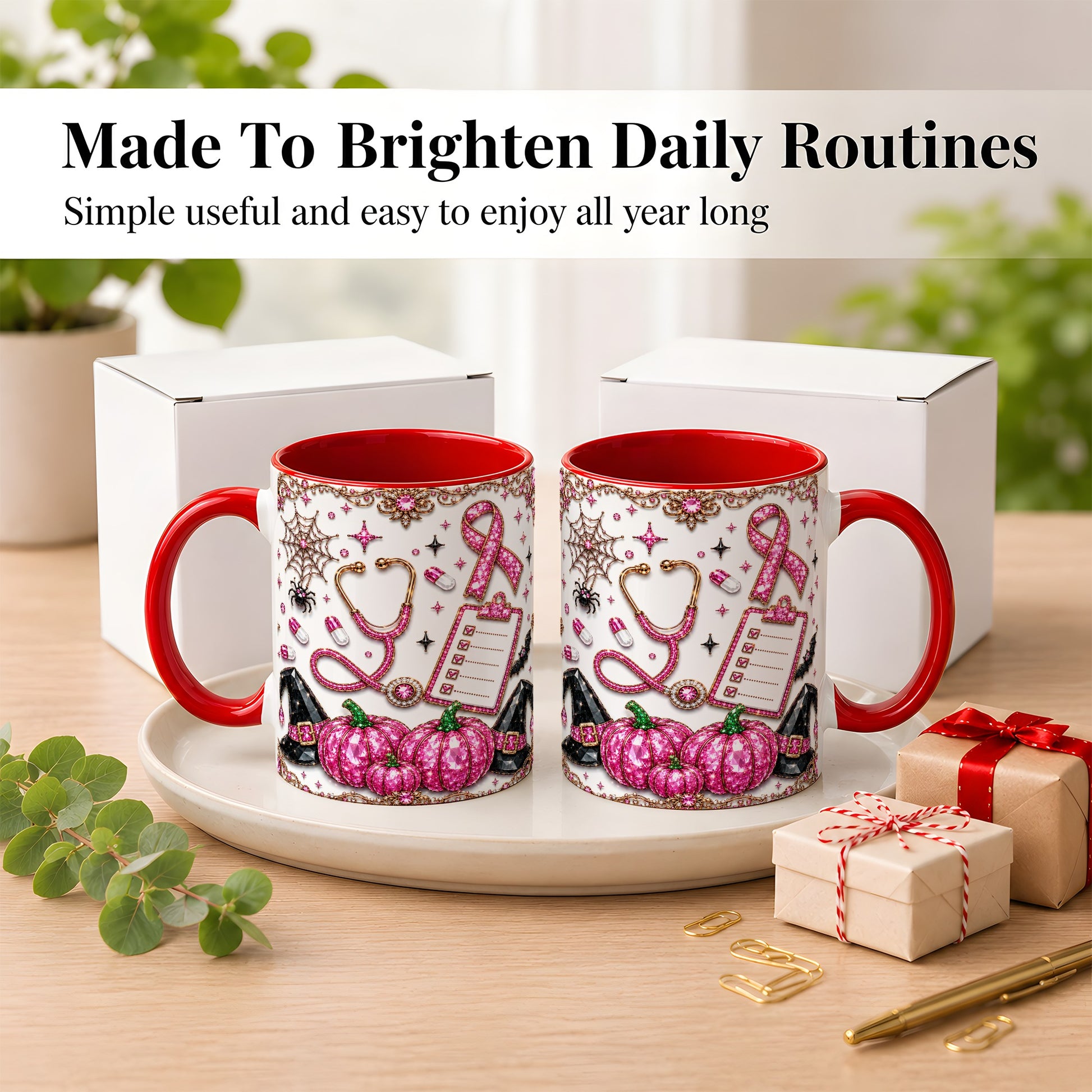 #pl[11oz|Red] Medical Halloween Coffee Mug, Pink Ribbon Nurse Mug, Ceramic Cup