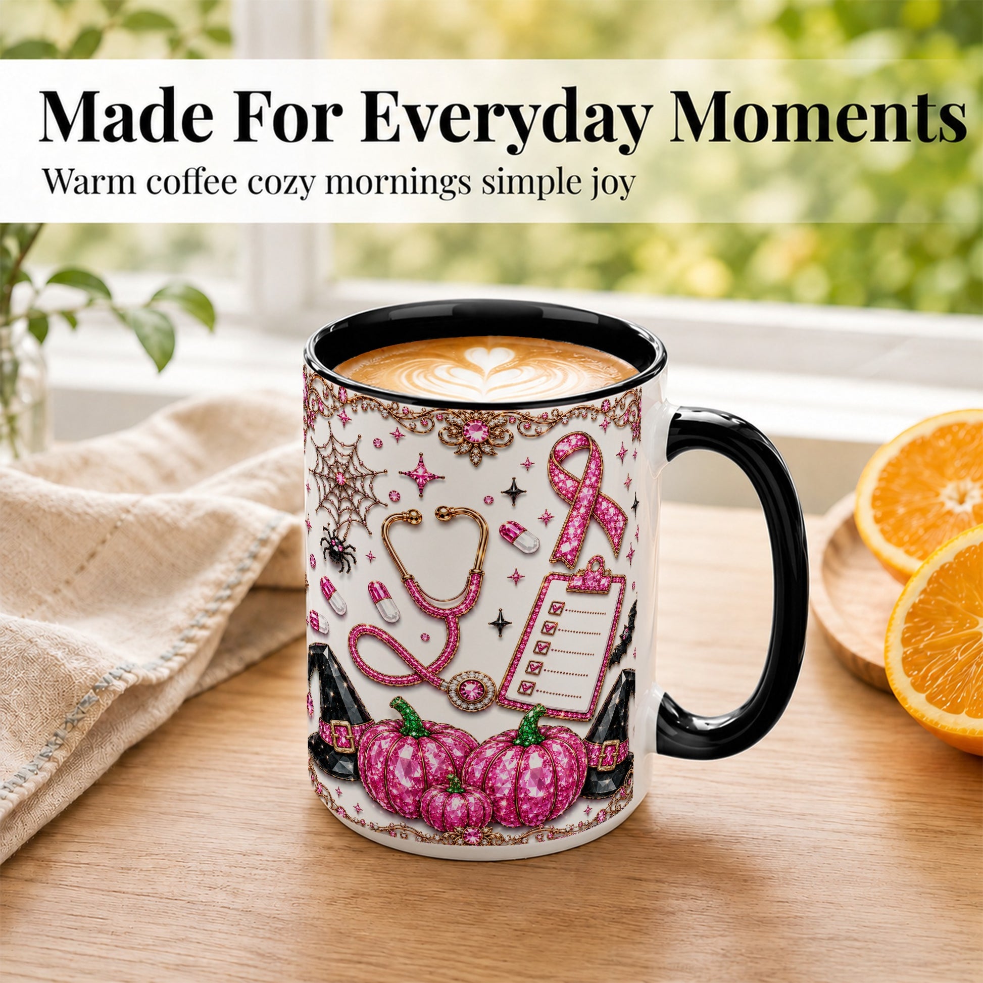 #pl[15oz|Black] Medical Halloween Coffee Mug, Pink Ribbon Nurse Mug, Ceramic Cup