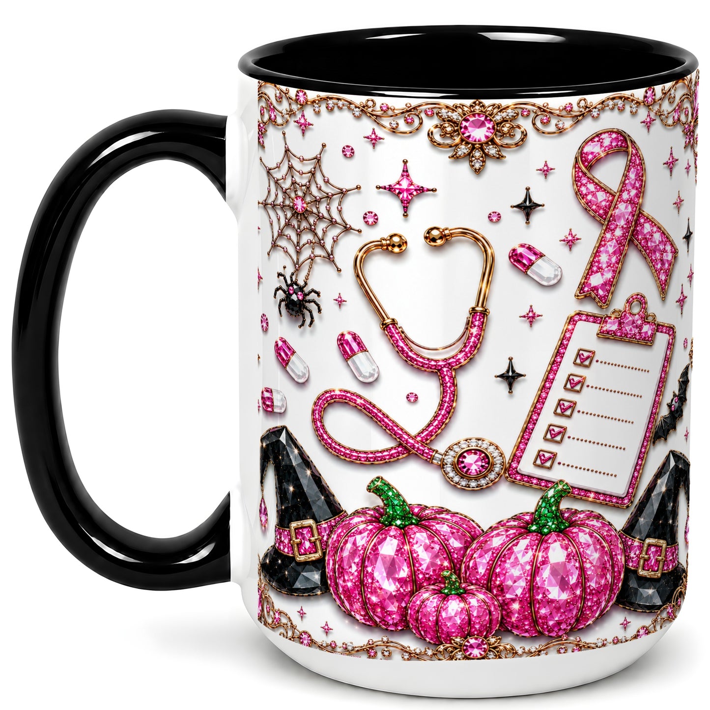 #pl[15oz|Black] Medical Halloween Coffee Mug, Pink Ribbon Nurse Mug, Ceramic Cup