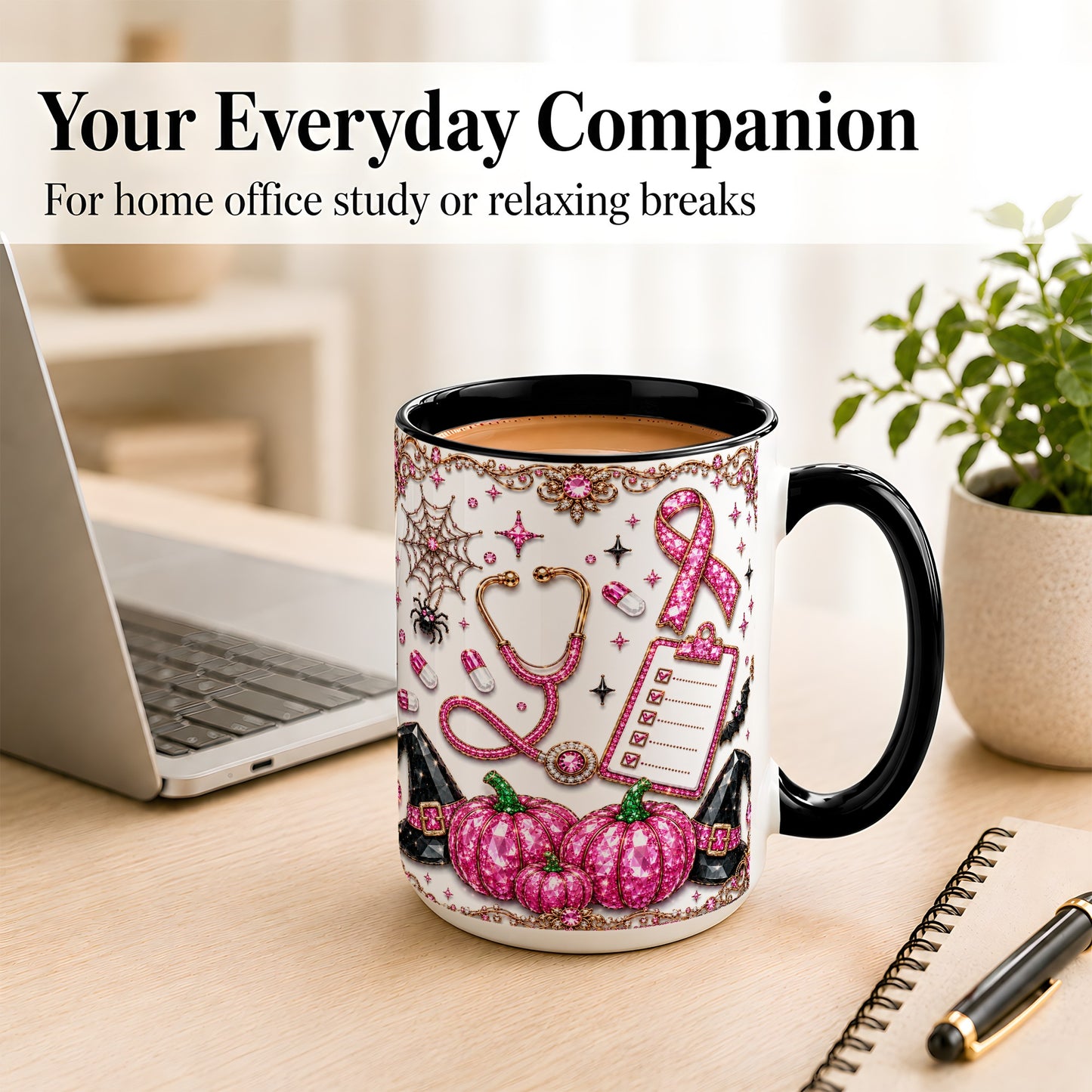 #pl[15oz|Black] Medical Halloween Coffee Mug, Pink Ribbon Nurse Mug, Ceramic Cup