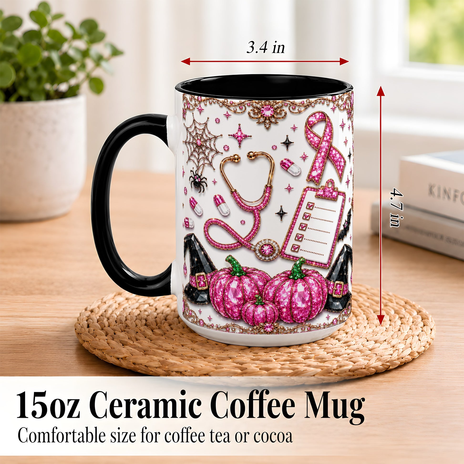 #pl[15oz|Black] Medical Halloween Coffee Mug, Pink Ribbon Nurse Mug, Ceramic Cup