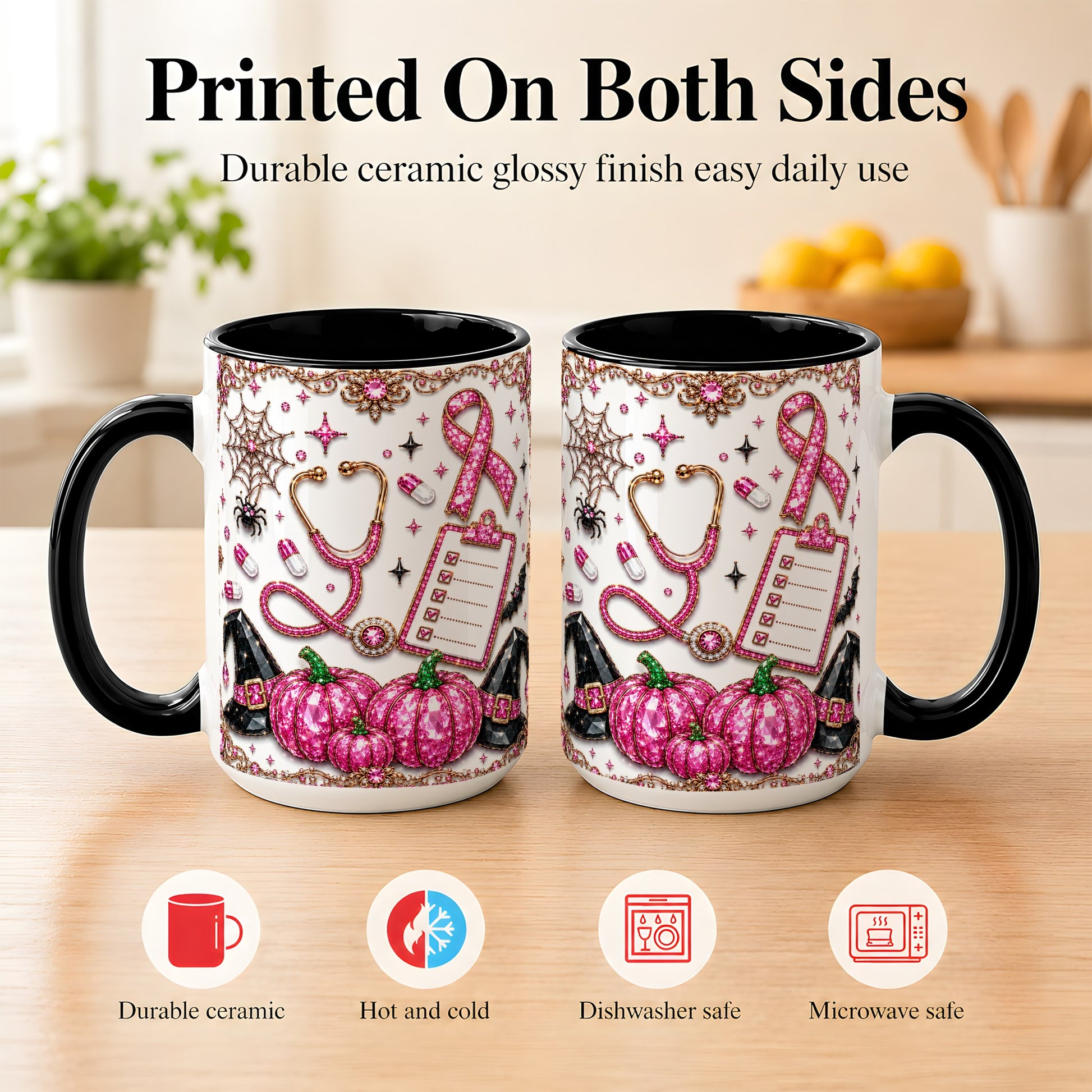 #pl[15oz|Black] Medical Halloween Coffee Mug, Pink Ribbon Nurse Mug, Ceramic Cup