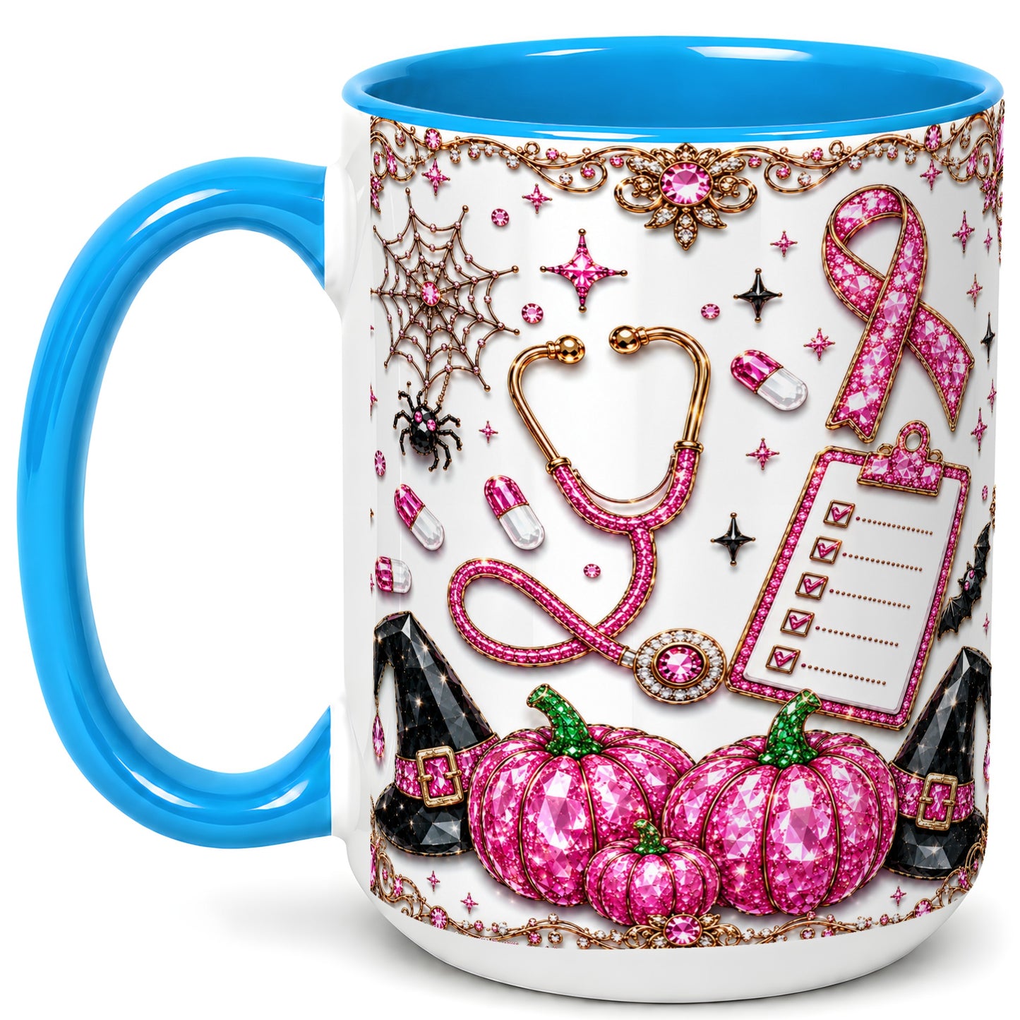 #pl[15oz|Blue] Medical Halloween Coffee Mug, Pink Ribbon Nurse Mug, Ceramic Cup