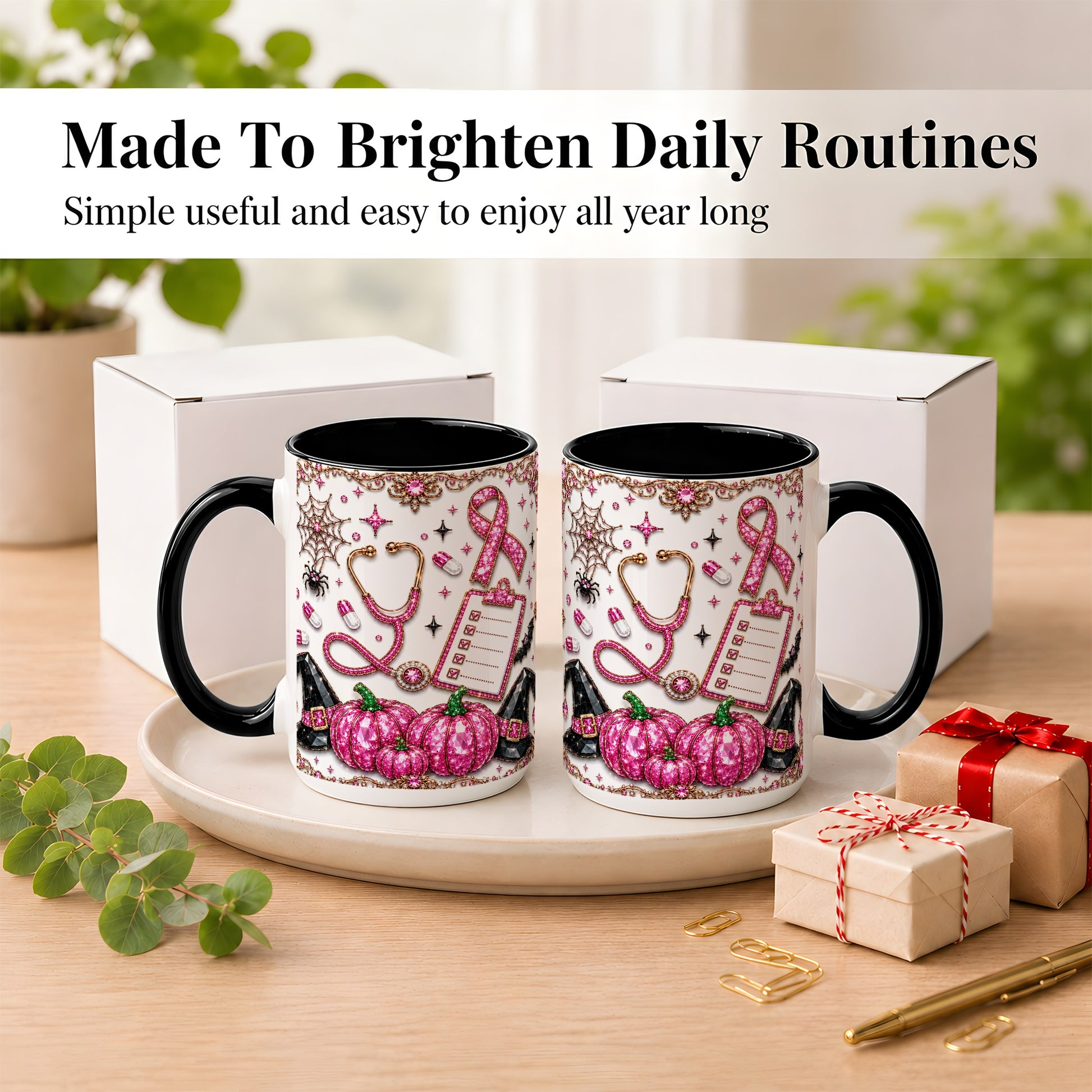 #pl[15oz|Black] Medical Halloween Coffee Mug, Pink Ribbon Nurse Mug, Ceramic Cup