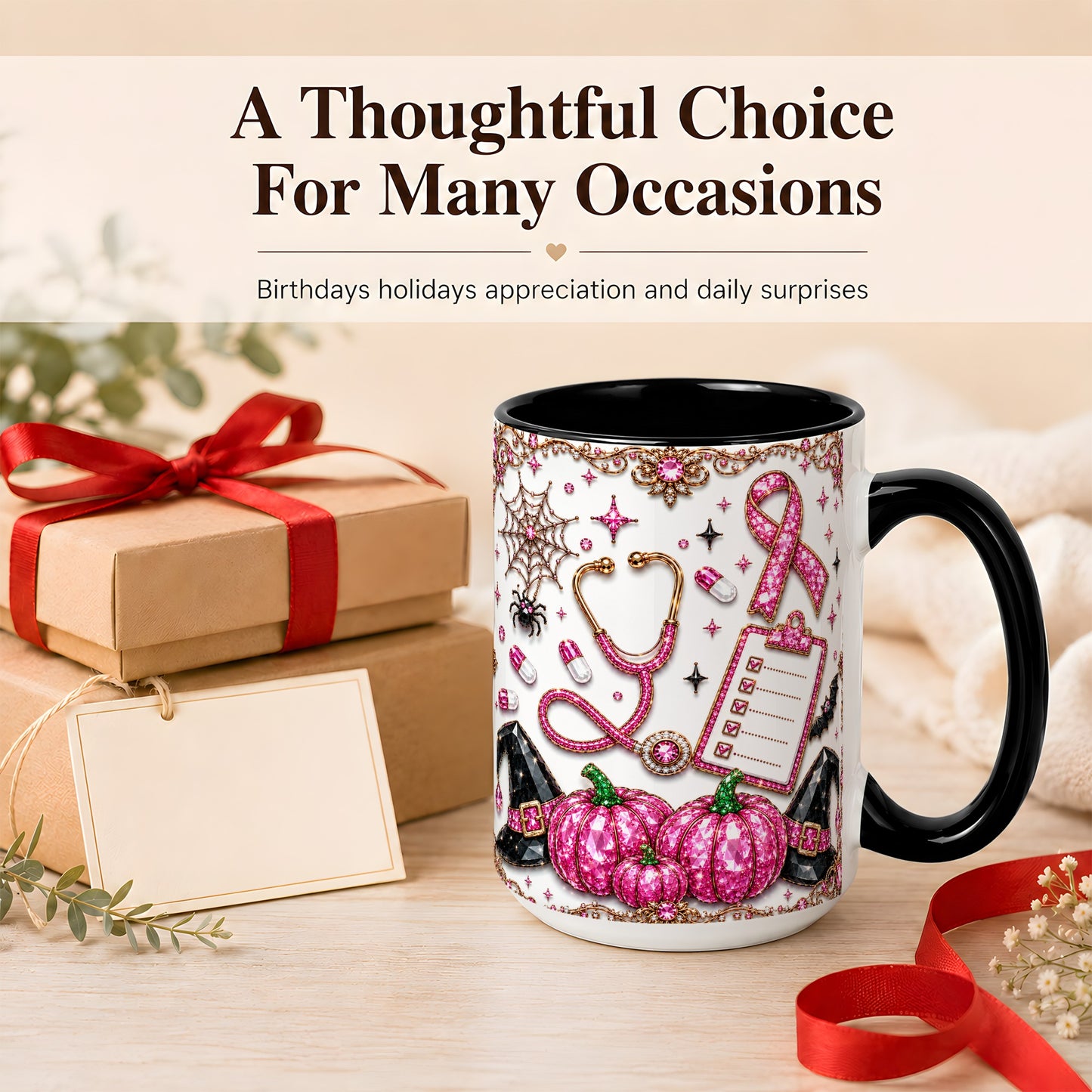 #pl[15oz|Black] Medical Halloween Coffee Mug, Pink Ribbon Nurse Mug, Ceramic Cup