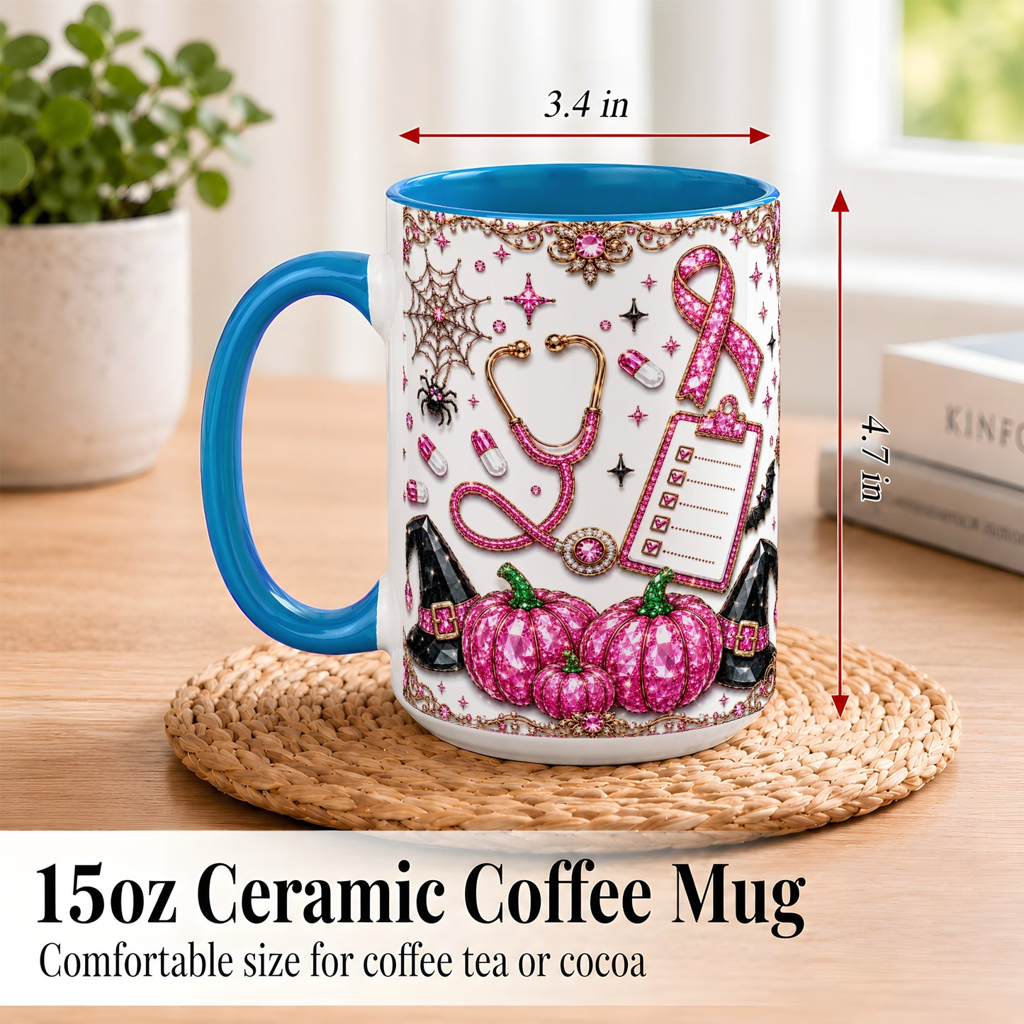 #pl[15oz|Blue] Medical Halloween Coffee Mug, Pink Ribbon Nurse Mug, Ceramic Cup
