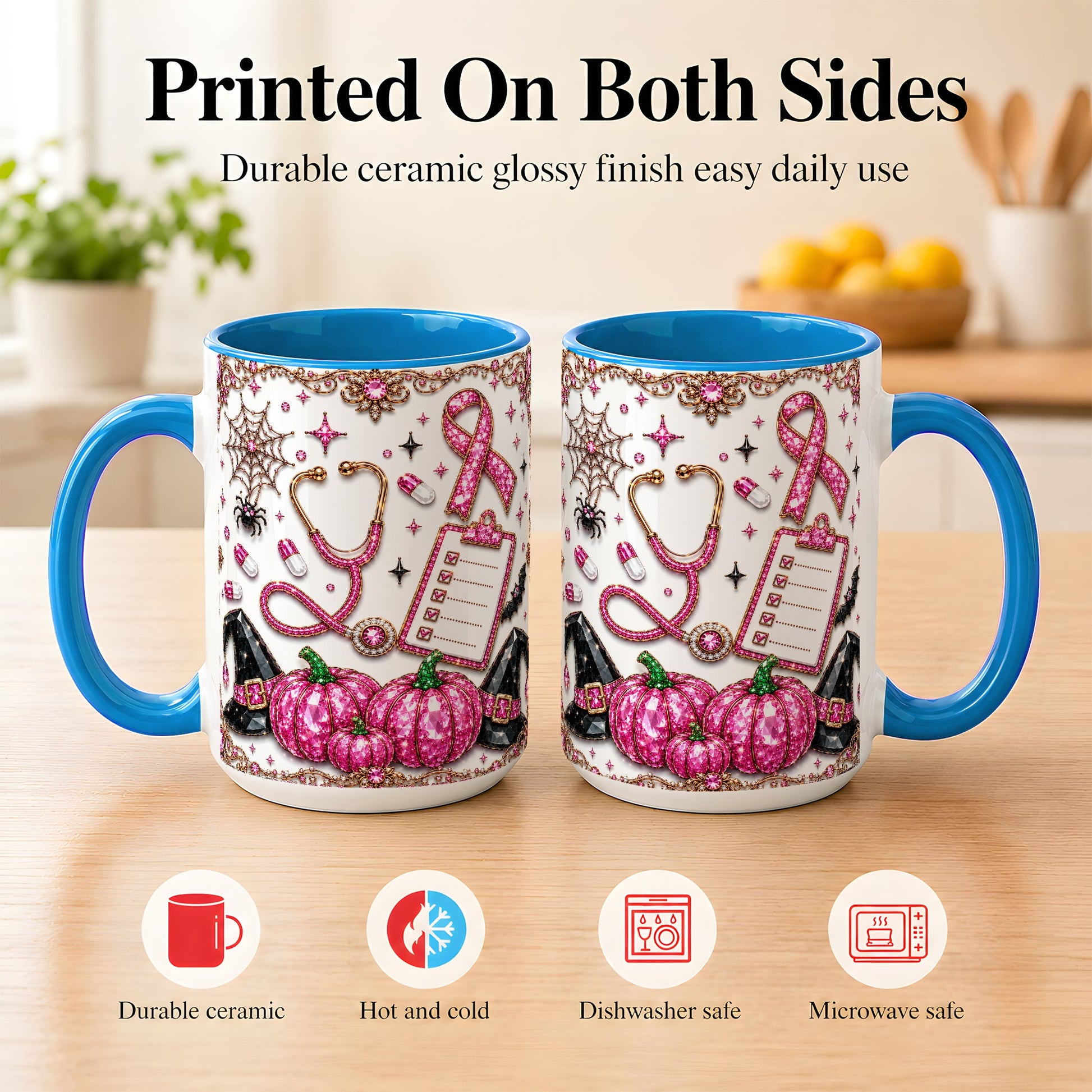 #pl[15oz|Blue] Medical Halloween Coffee Mug, Pink Ribbon Nurse Mug, Ceramic Cup