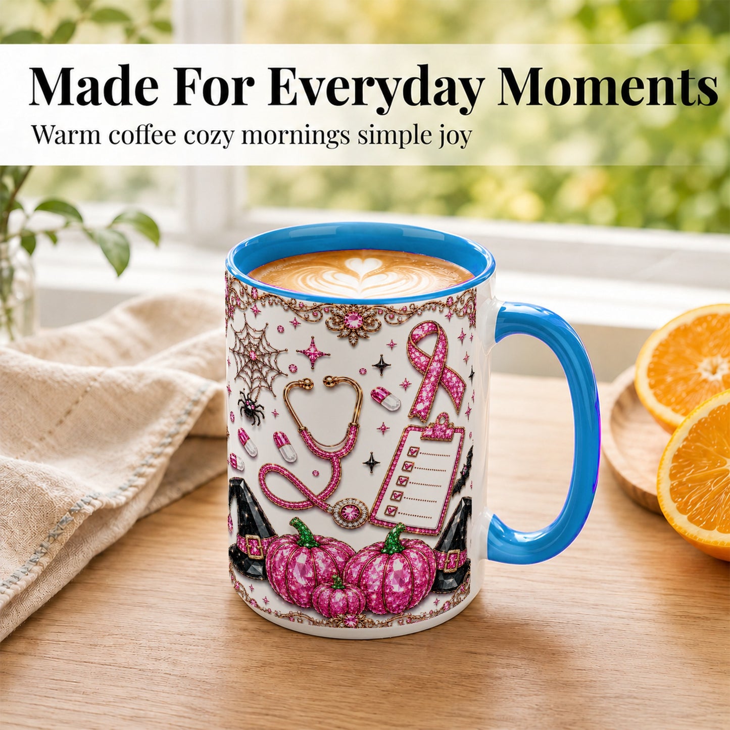 #pl[15oz|Blue] Medical Halloween Coffee Mug, Pink Ribbon Nurse Mug, Ceramic Cup