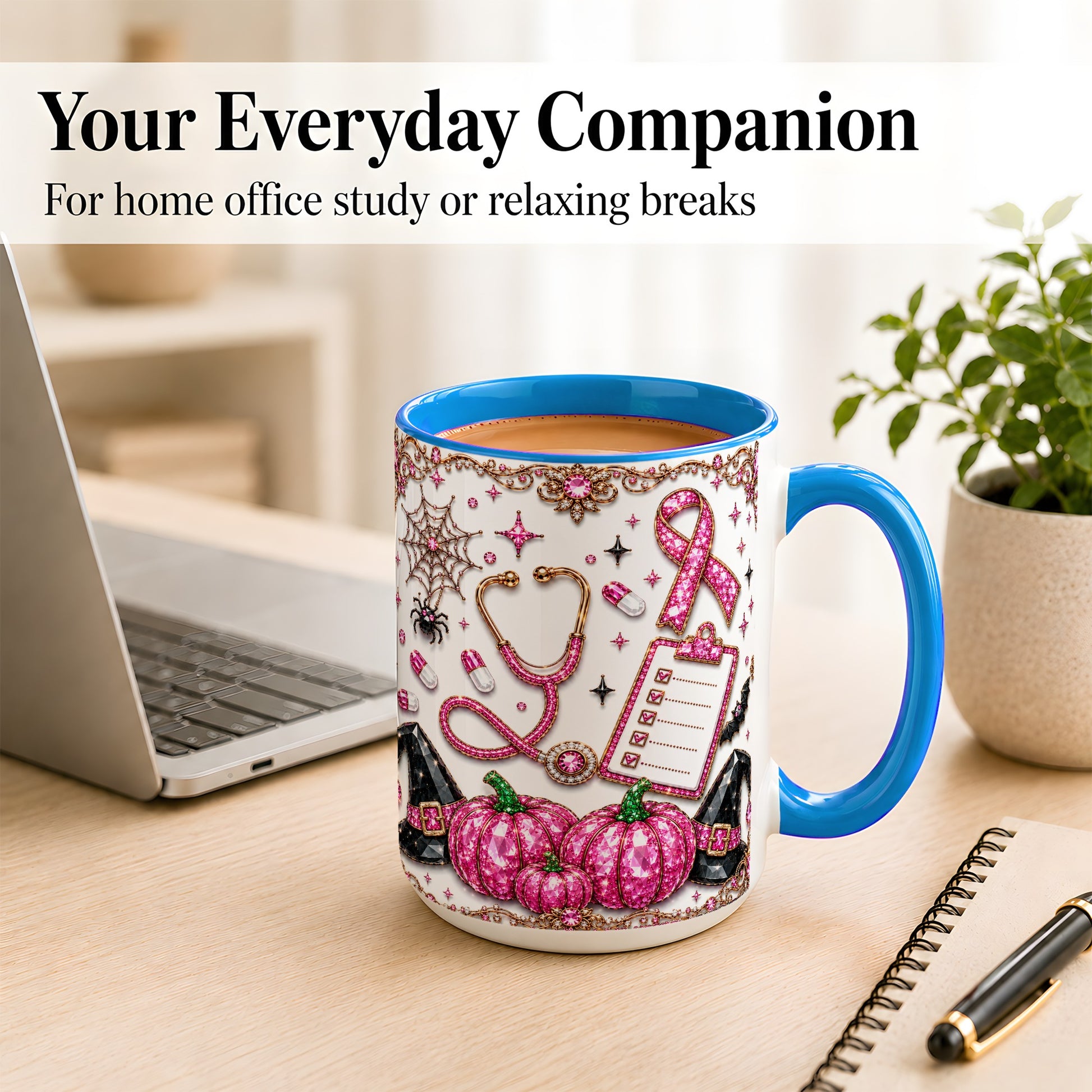#pl[15oz|Blue] Medical Halloween Coffee Mug, Pink Ribbon Nurse Mug, Ceramic Cup