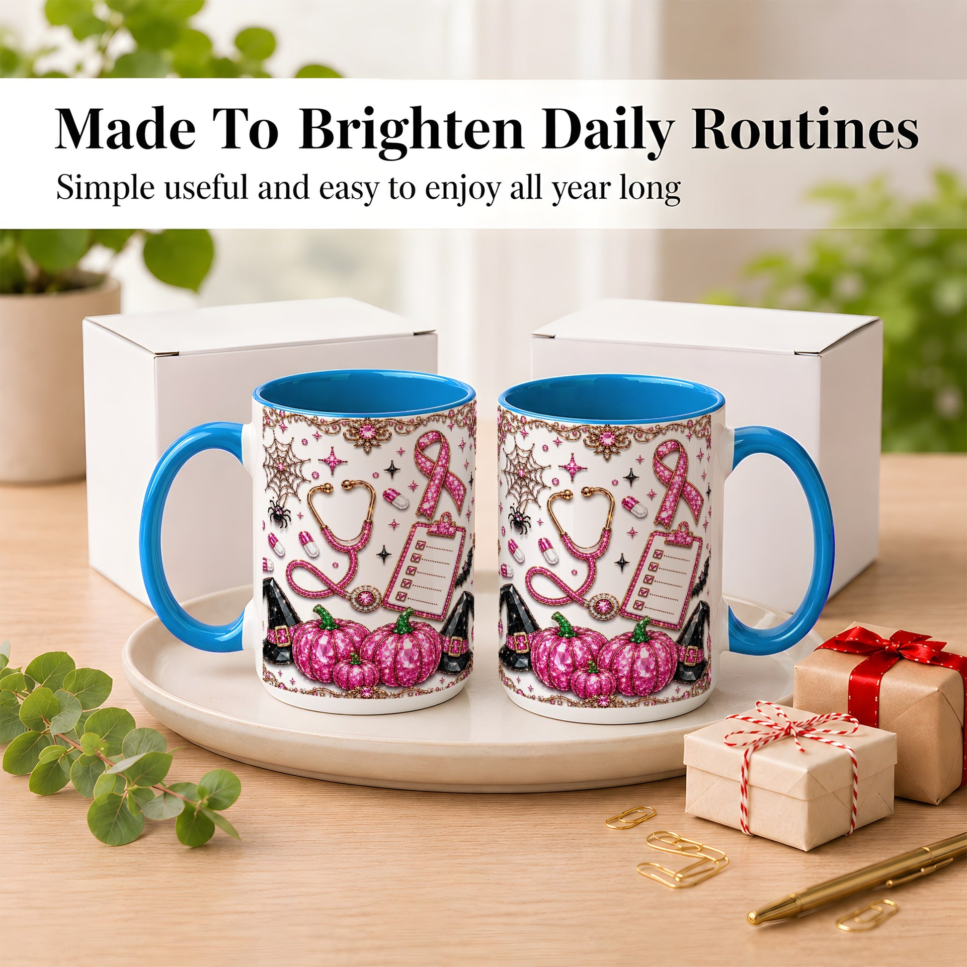 #pl[15oz|Blue] Medical Halloween Coffee Mug, Pink Ribbon Nurse Mug, Ceramic Cup