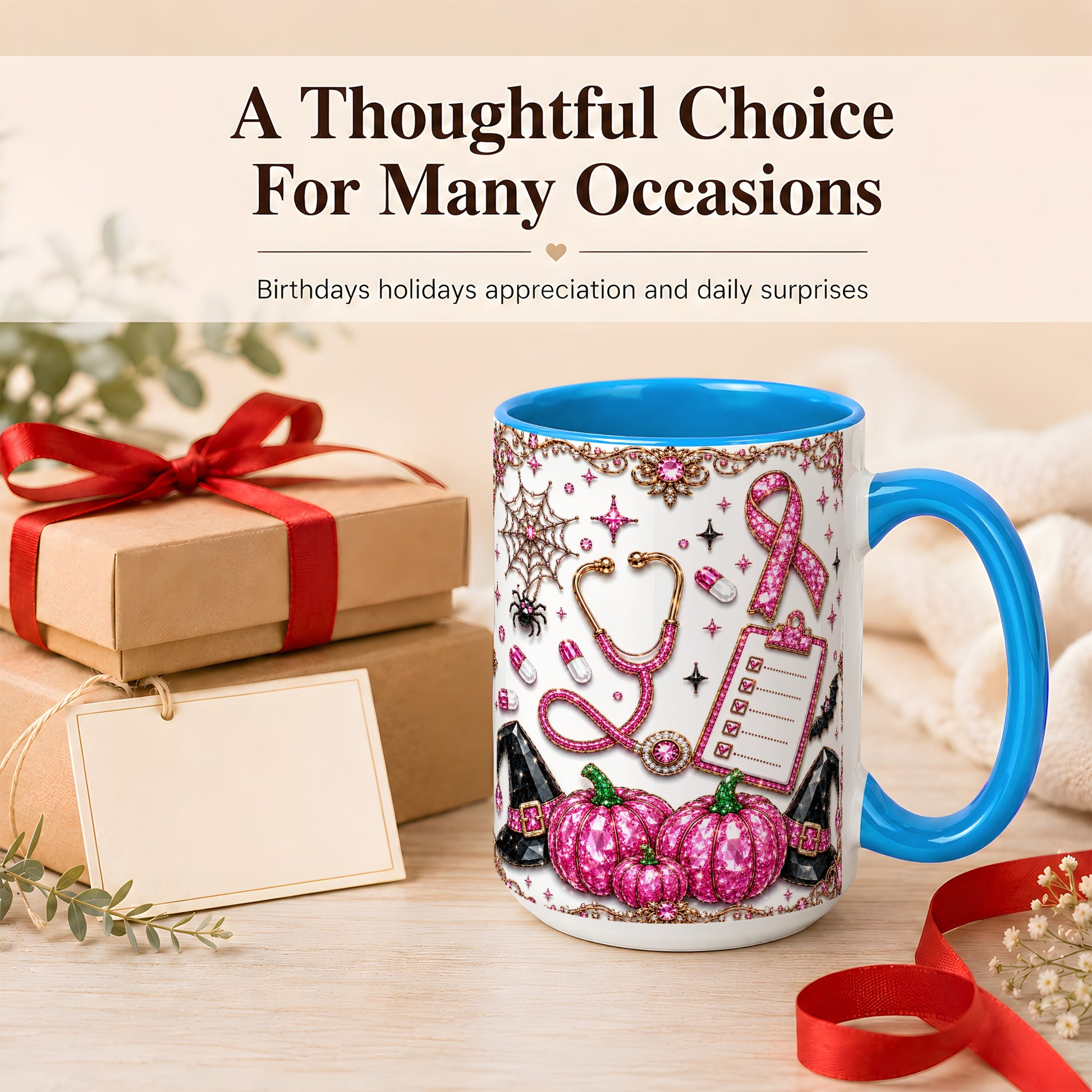 #pl[15oz|Blue] Medical Halloween Coffee Mug, Pink Ribbon Nurse Mug, Ceramic Cup