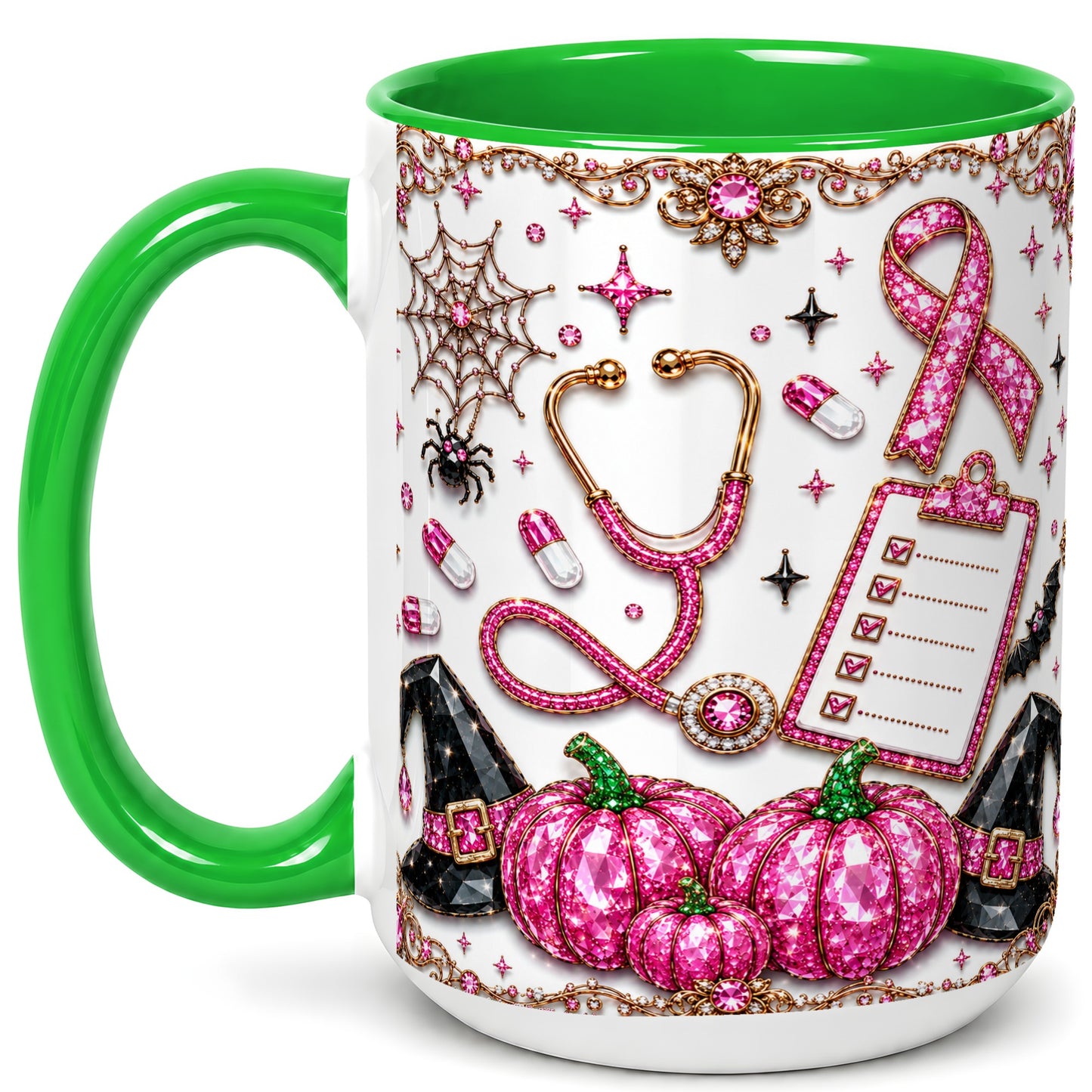 #pl[15oz|Green] Medical Halloween Coffee Mug, Pink Ribbon Nurse Mug, Ceramic Cup
