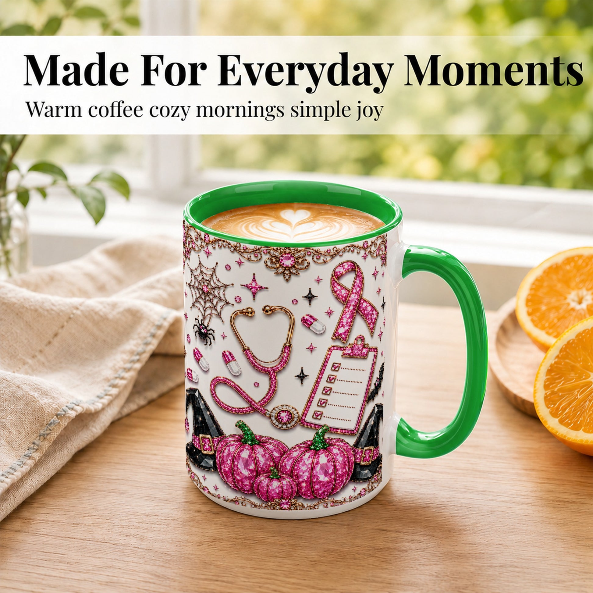 #pl[15oz|Green] Medical Halloween Coffee Mug, Pink Ribbon Nurse Mug, Ceramic Cup