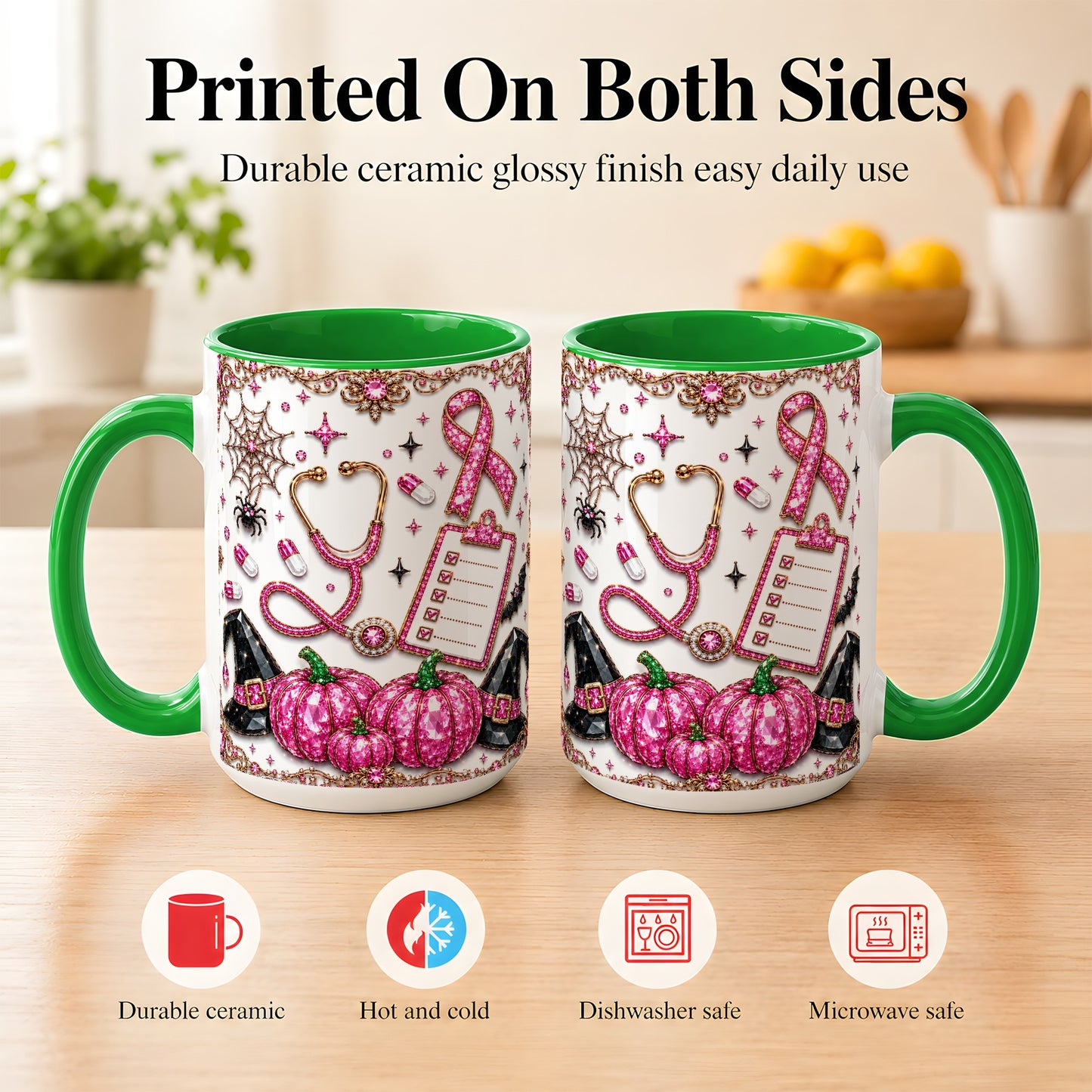 #pl[15oz|Green] Medical Halloween Coffee Mug, Pink Ribbon Nurse Mug, Ceramic Cup