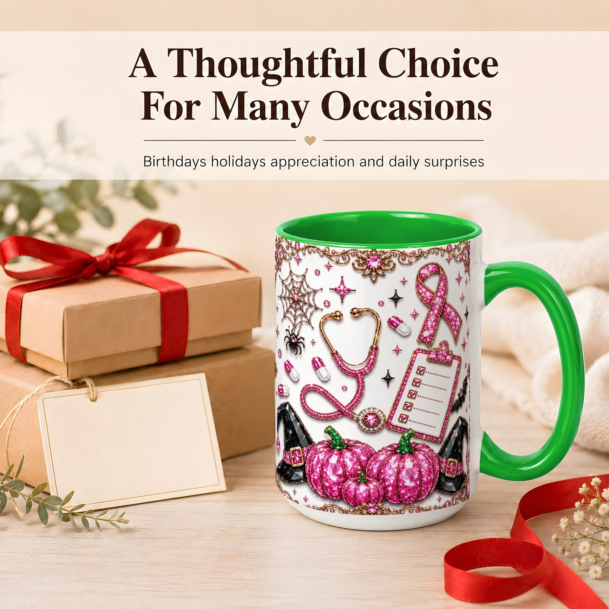 #pl[15oz|Green] Medical Halloween Coffee Mug, Pink Ribbon Nurse Mug, Ceramic Cup