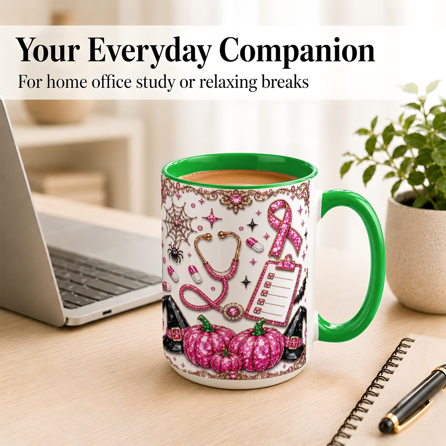 #pl[15oz|Green] Medical Halloween Coffee Mug, Pink Ribbon Nurse Mug, Ceramic Cup