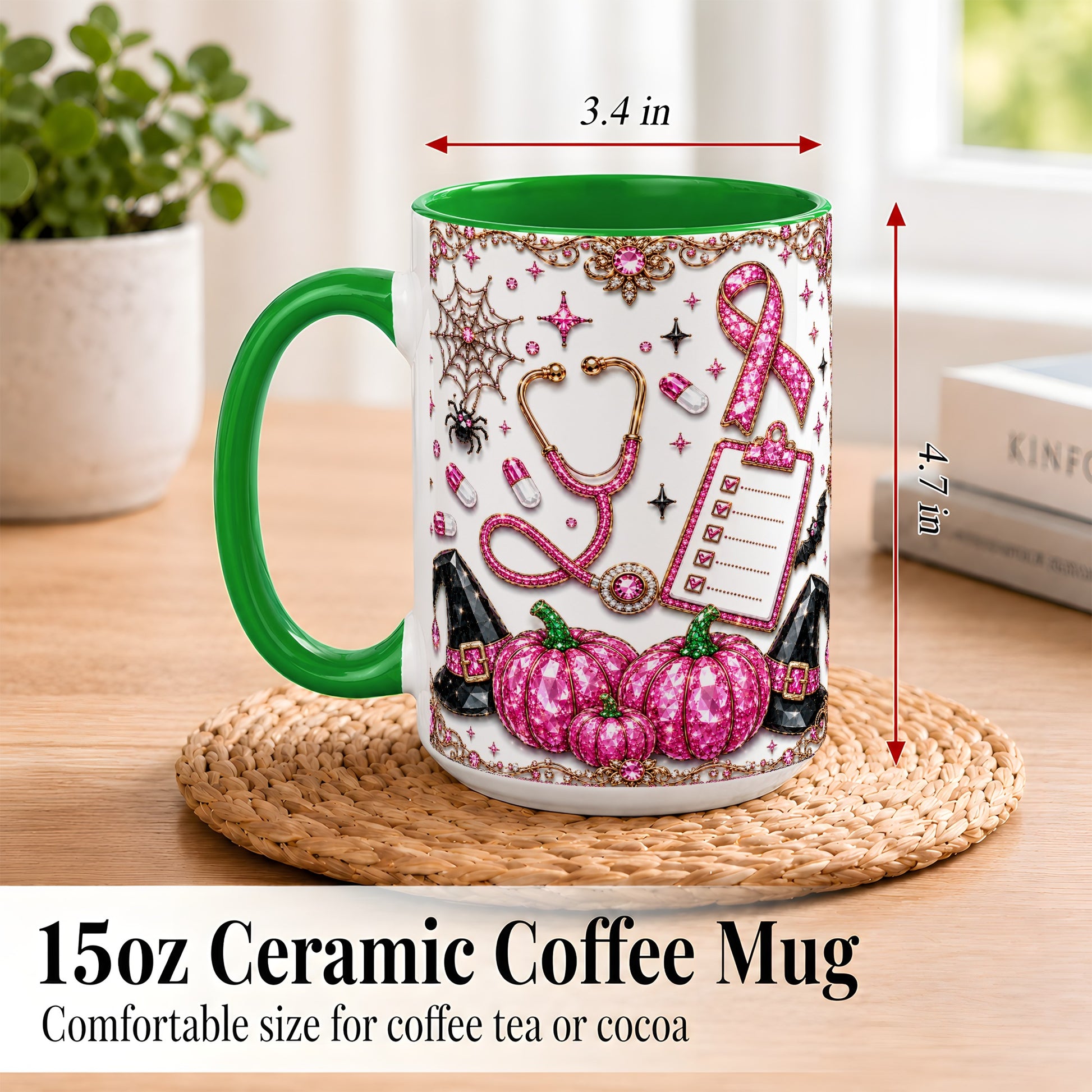 #pl[15oz|Green] Medical Halloween Coffee Mug, Pink Ribbon Nurse Mug, Ceramic Cup