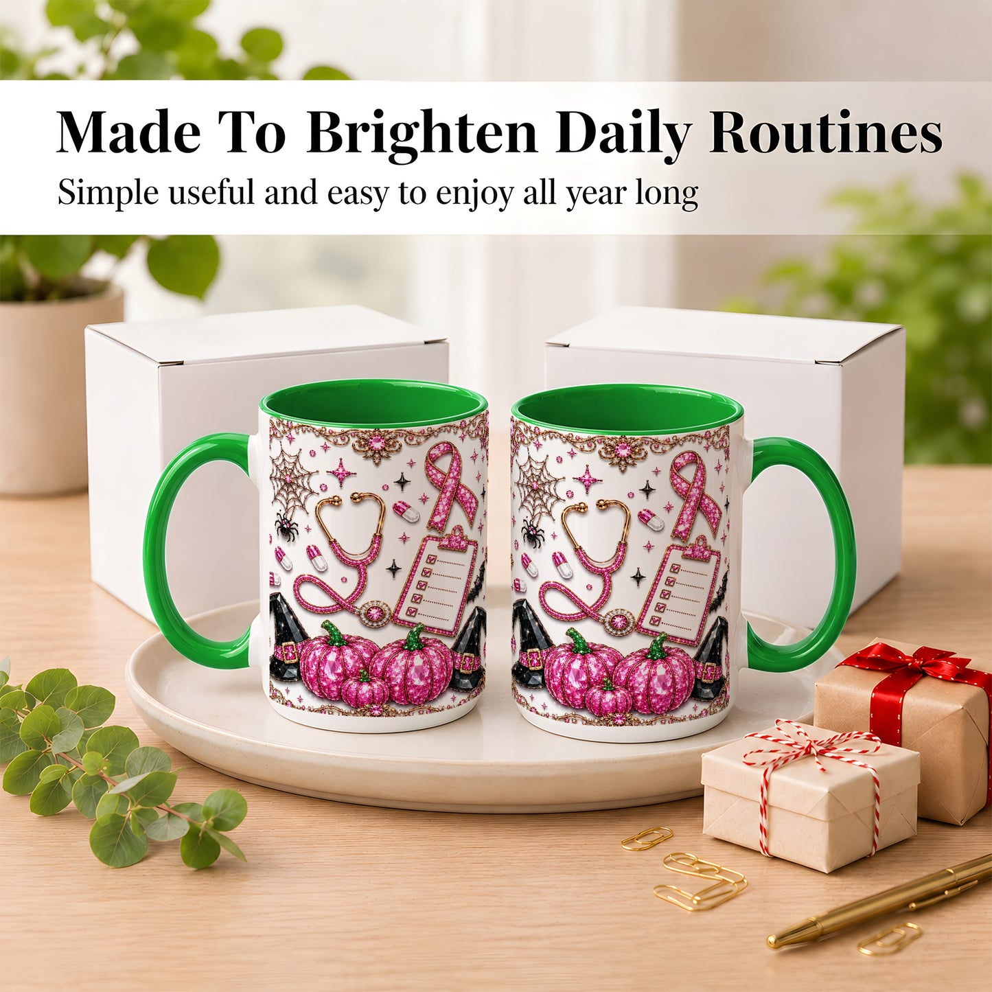 #pl[15oz|Green] Medical Halloween Coffee Mug, Pink Ribbon Nurse Mug, Ceramic Cup