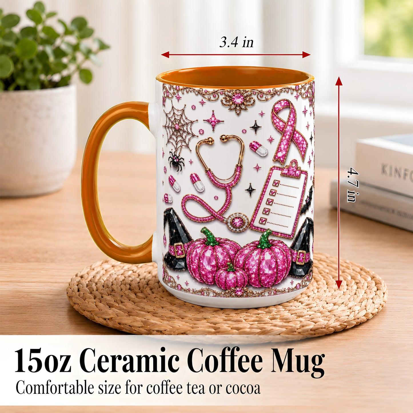 #pl[15oz|Orange] Medical Halloween Coffee Mug, Pink Ribbon Nurse Mug, Ceramic Cup