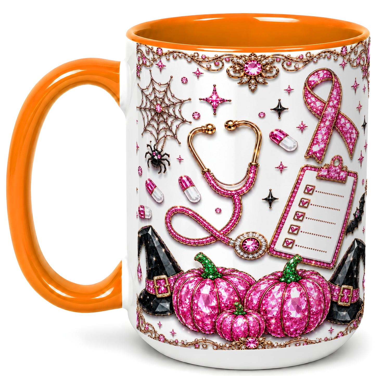 #pl[15oz|Orange] Medical Halloween Coffee Mug, Pink Ribbon Nurse Mug, Ceramic Cup