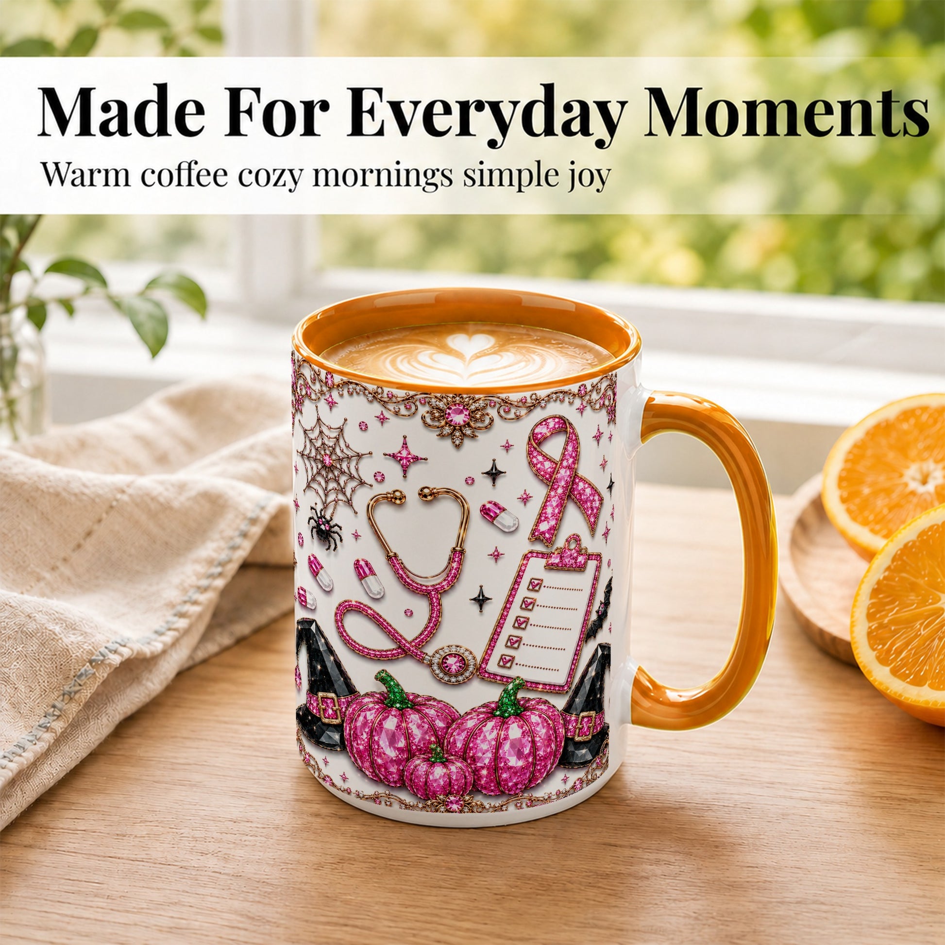 #pl[15oz|Orange] Medical Halloween Coffee Mug, Pink Ribbon Nurse Mug, Ceramic Cup