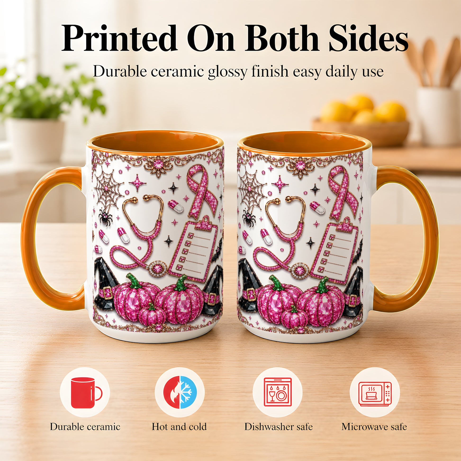 #pl[15oz|Orange] Medical Halloween Coffee Mug, Pink Ribbon Nurse Mug, Ceramic Cup