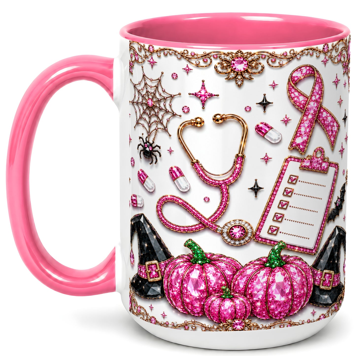 #pl[15oz|Pink] Medical Halloween Coffee Mug, Pink Ribbon Nurse Mug, Ceramic Cup
