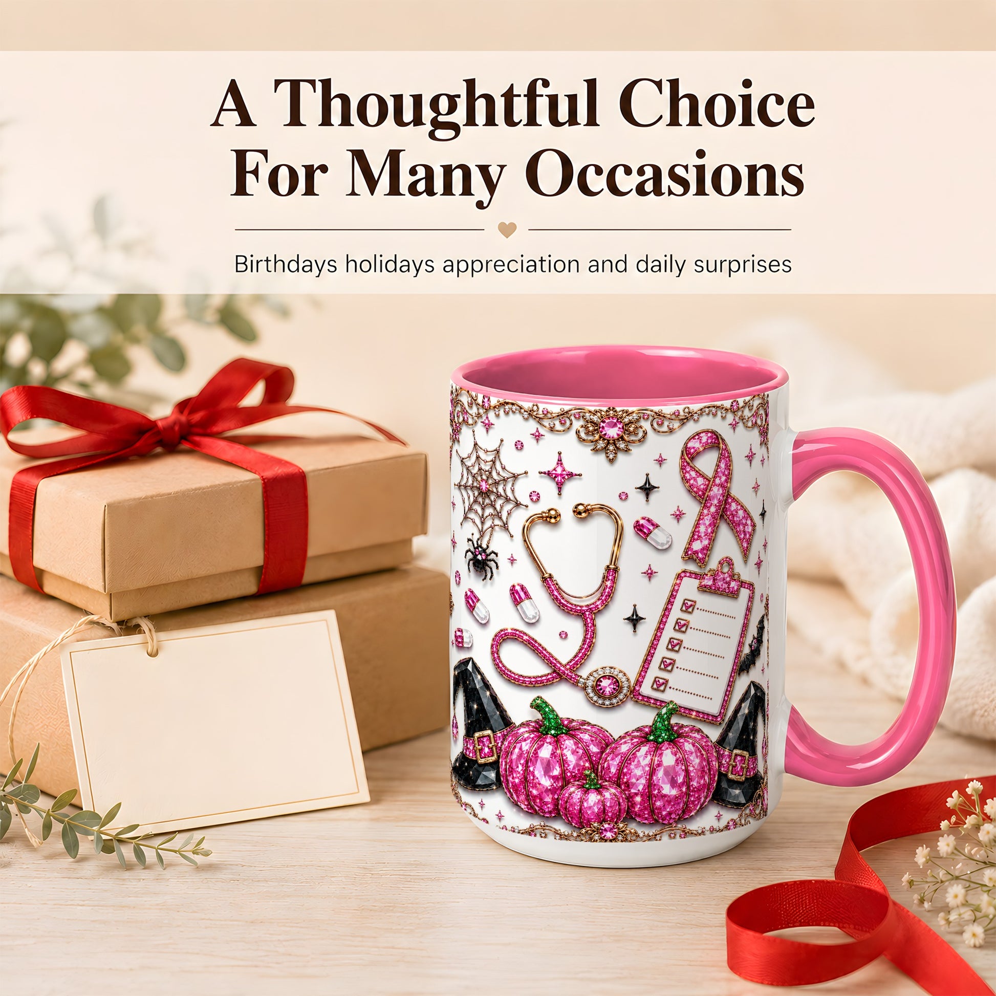 #pl[15oz|Pink] Medical Halloween Coffee Mug, Pink Ribbon Nurse Mug, Ceramic Cup
