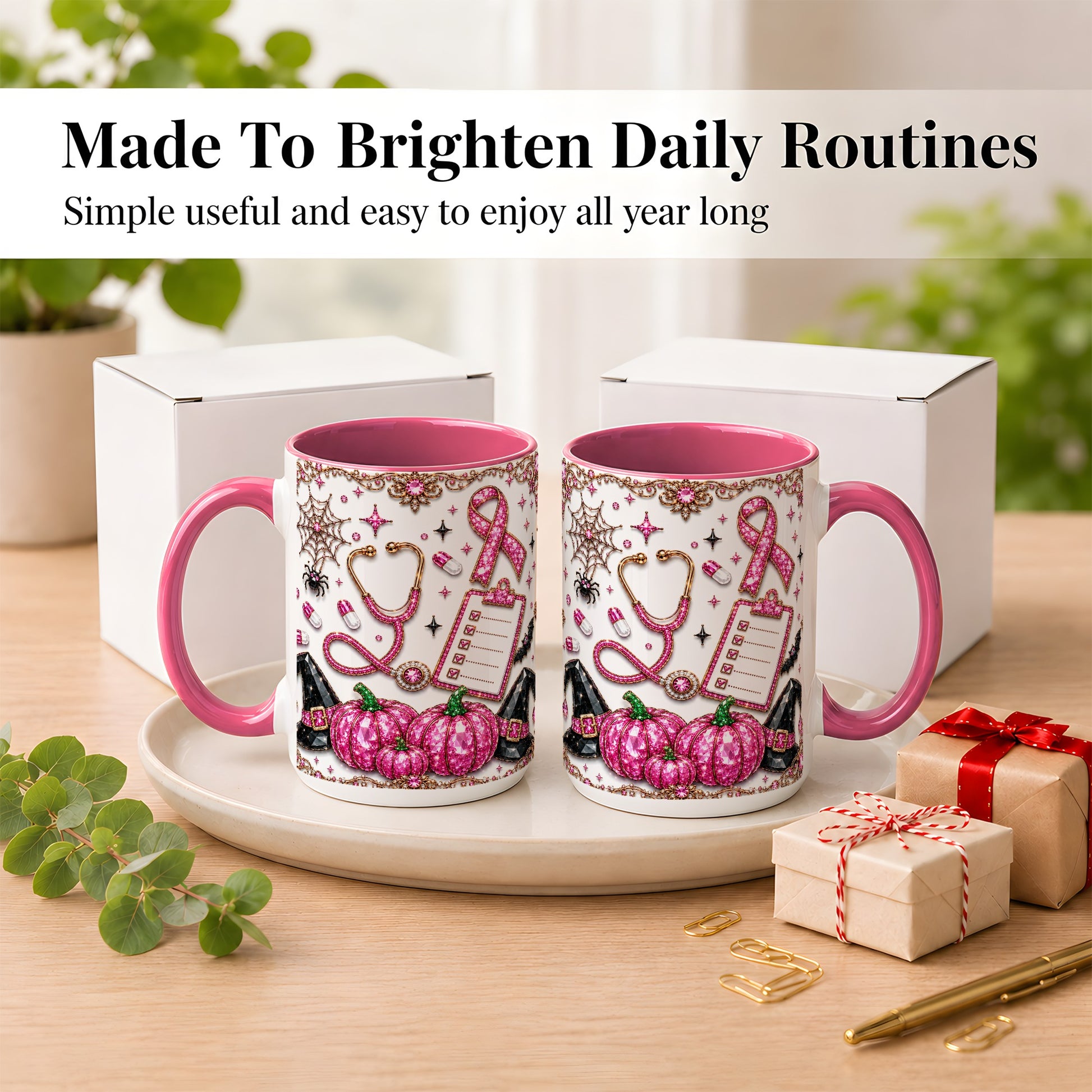 #pl[15oz|Pink] Medical Halloween Coffee Mug, Pink Ribbon Nurse Mug, Ceramic Cup