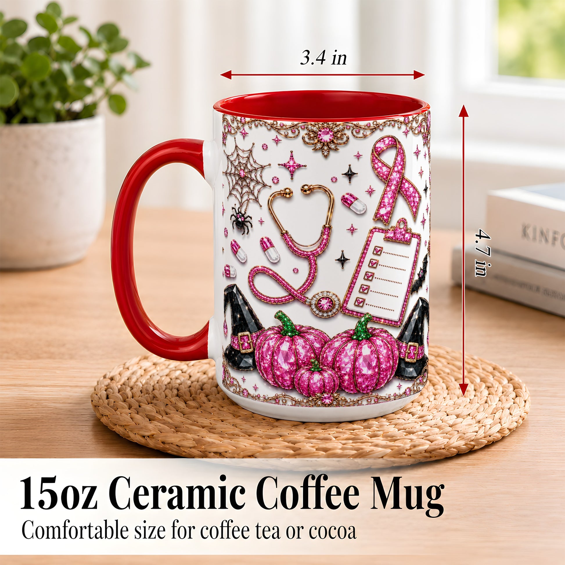 #pl[15oz|Red] Medical Halloween Coffee Mug, Pink Ribbon Nurse Mug, Ceramic Cup