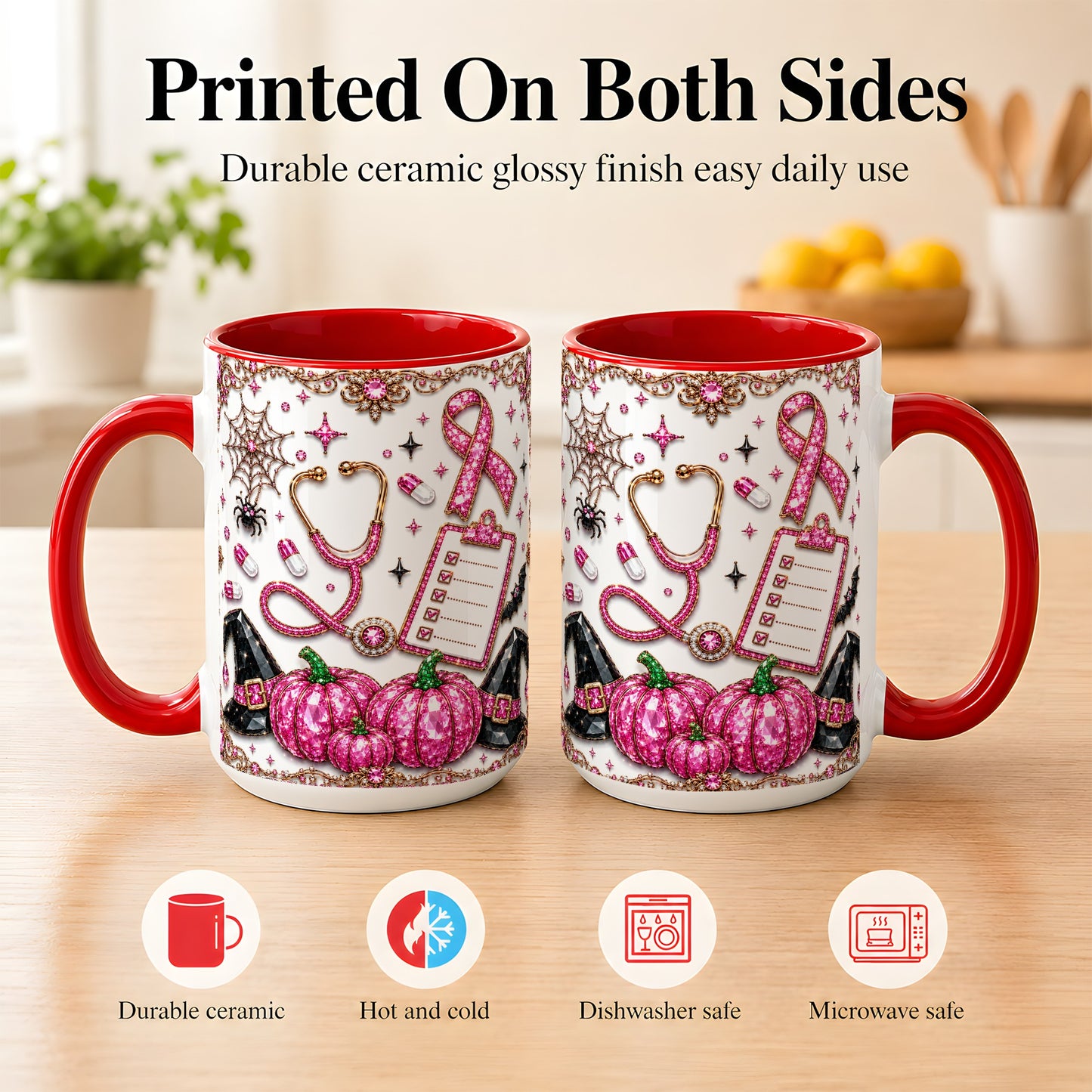 #pl[15oz|Red] Medical Halloween Coffee Mug, Pink Ribbon Nurse Mug, Ceramic Cup