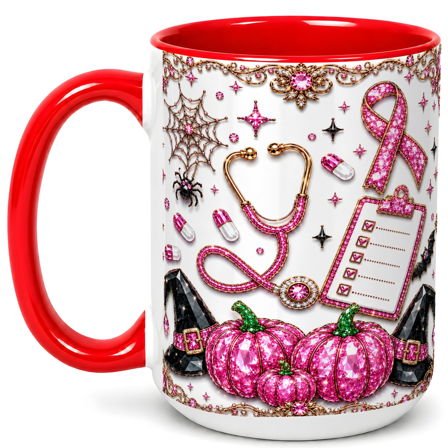 #pl[15oz|Red] Medical Halloween Coffee Mug, Pink Ribbon Nurse Mug, Ceramic Cup