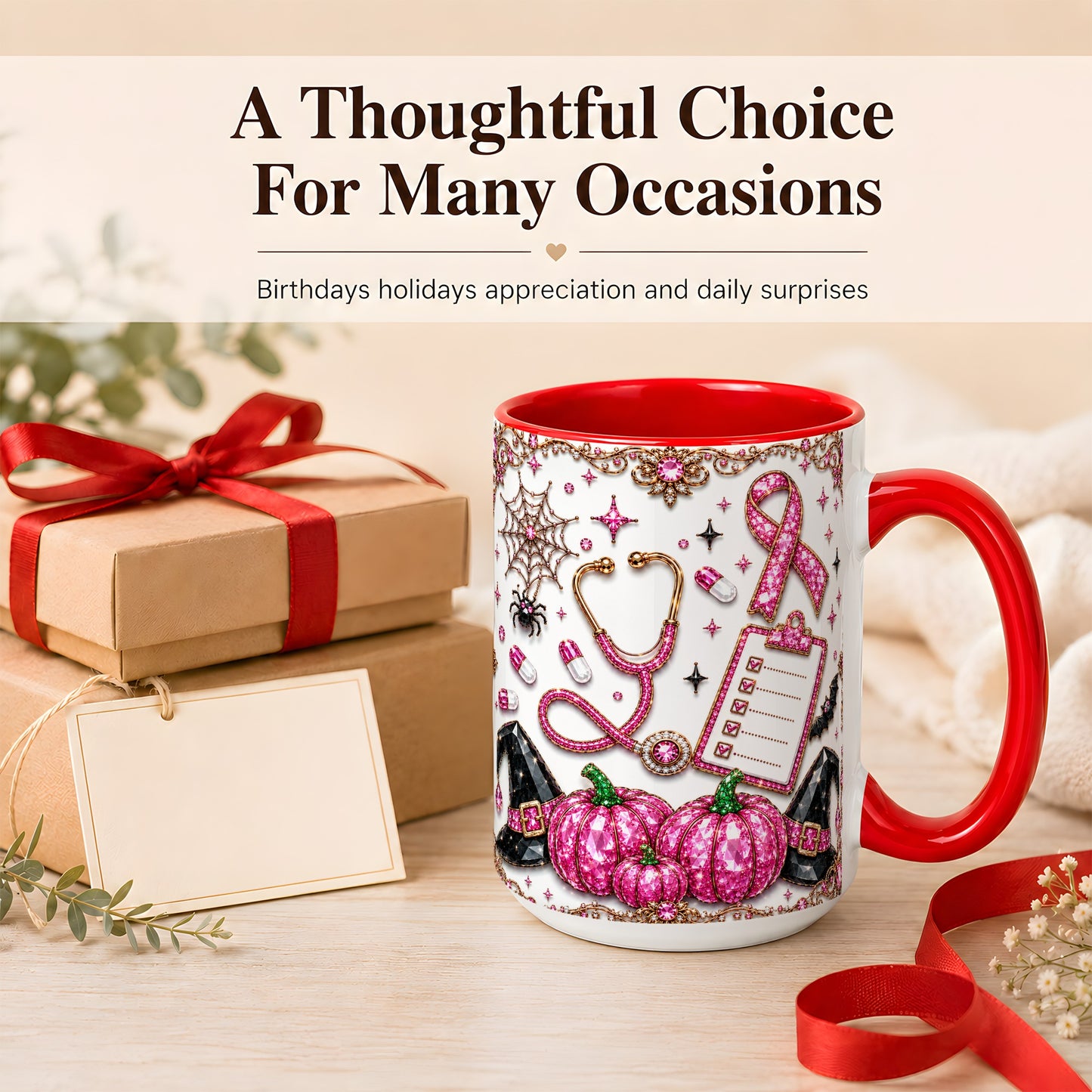 #pl[15oz|Red] Medical Halloween Coffee Mug, Pink Ribbon Nurse Mug, Ceramic Cup