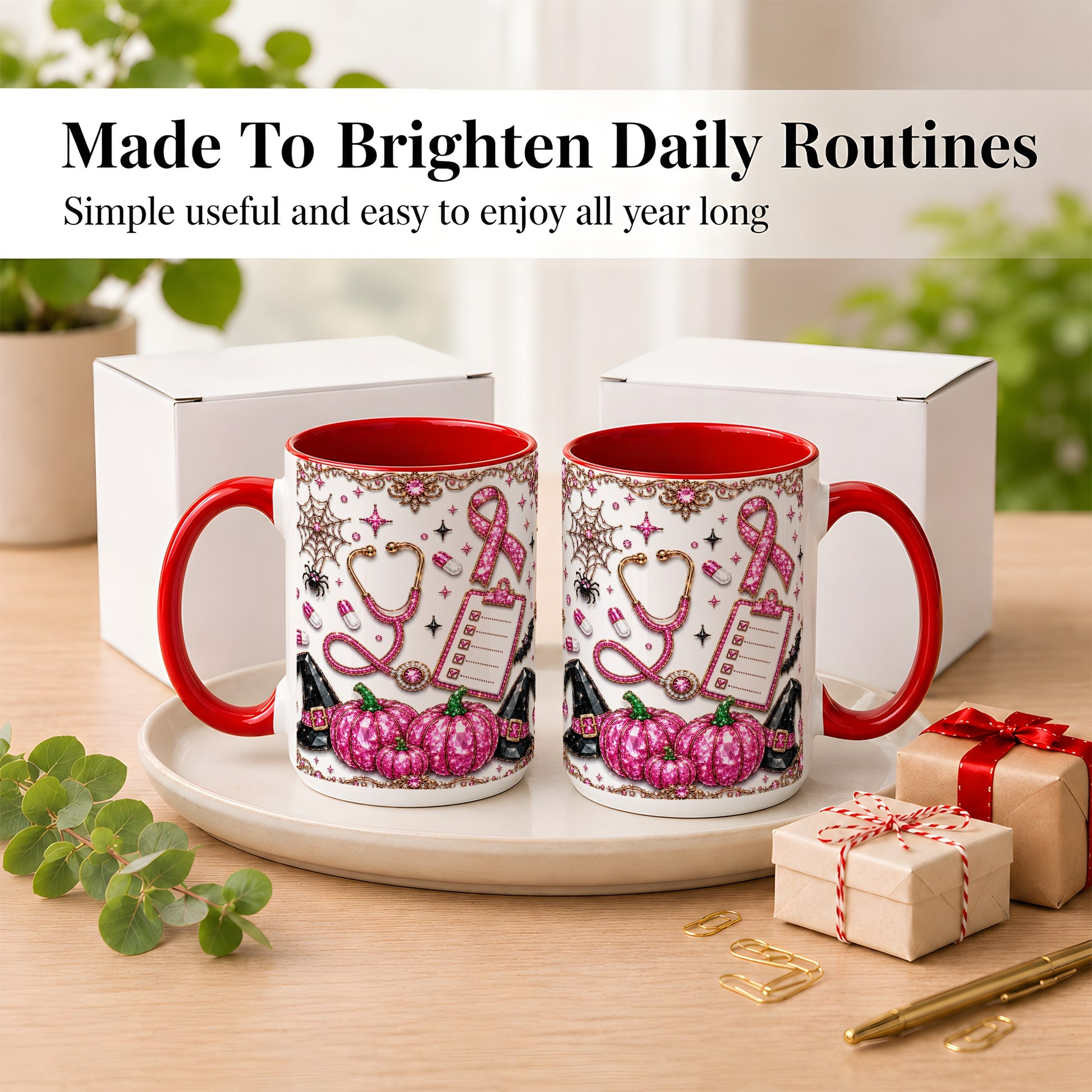 #pl[15oz|Red] Medical Halloween Coffee Mug, Pink Ribbon Nurse Mug, Ceramic Cup