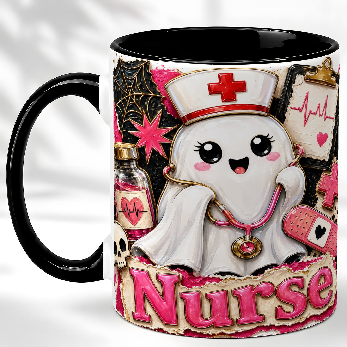 #pl[11oz|Black] Cute Nurse Ghost Coffee Mug, Halloween Nurse Mug, Ceramic Cup