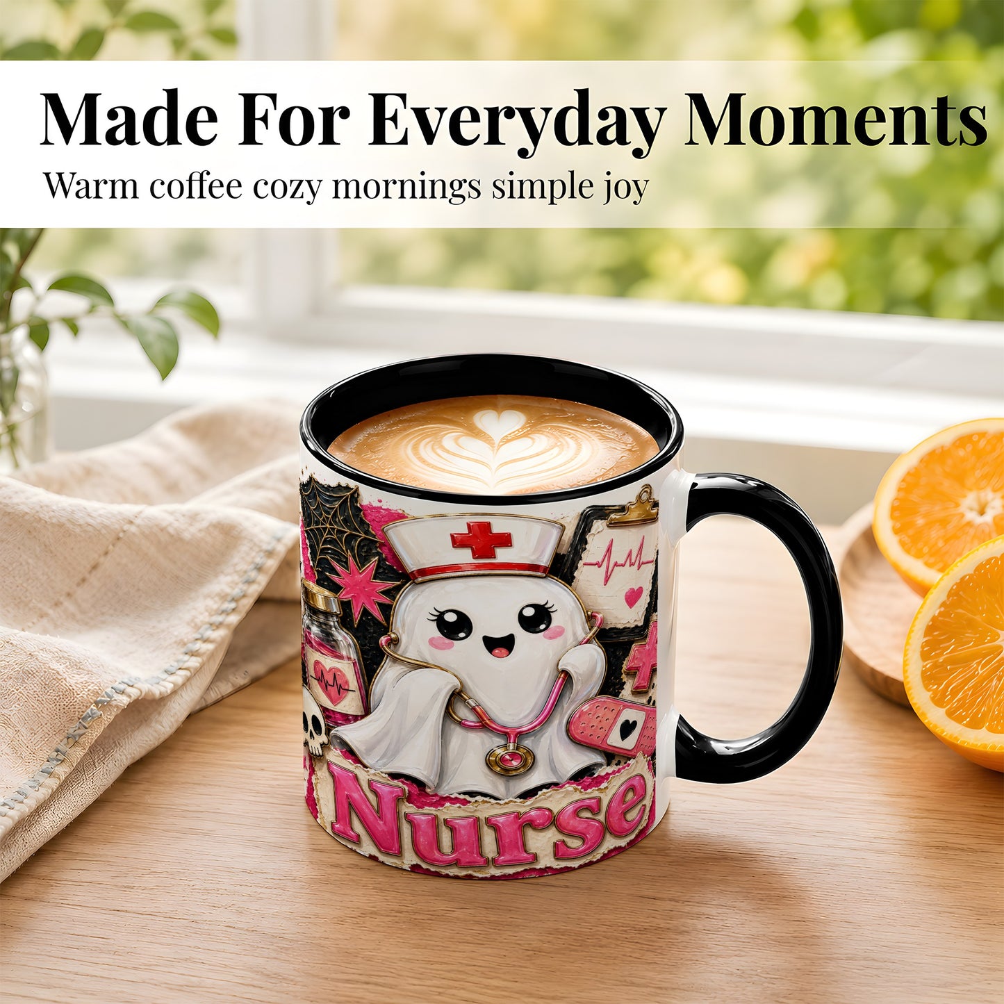 #pl[11oz|Black] Cute Nurse Ghost Coffee Mug, Halloween Nurse Mug, Ceramic Cup