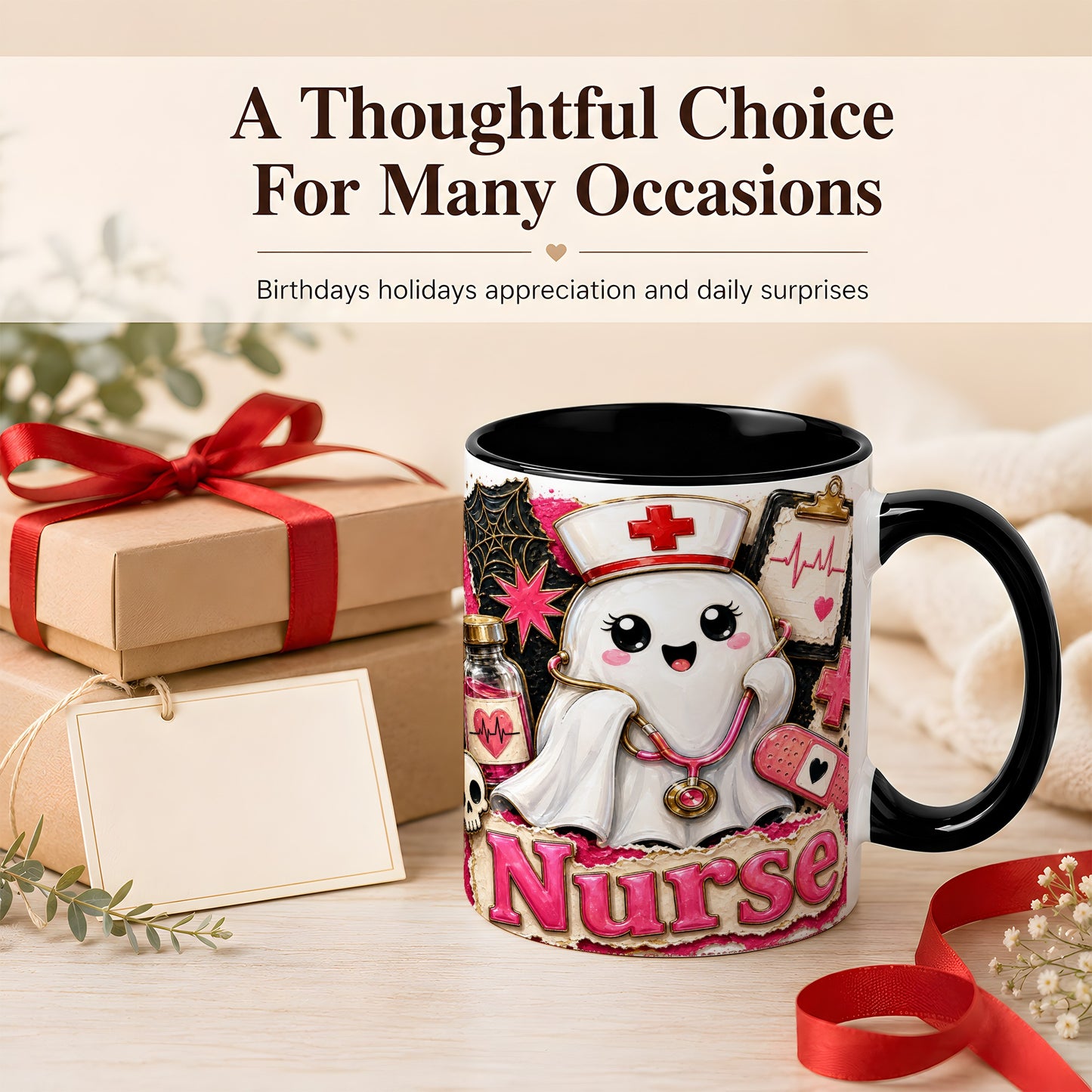 #pl[11oz|Black] Cute Nurse Ghost Coffee Mug, Halloween Nurse Mug, Ceramic Cup