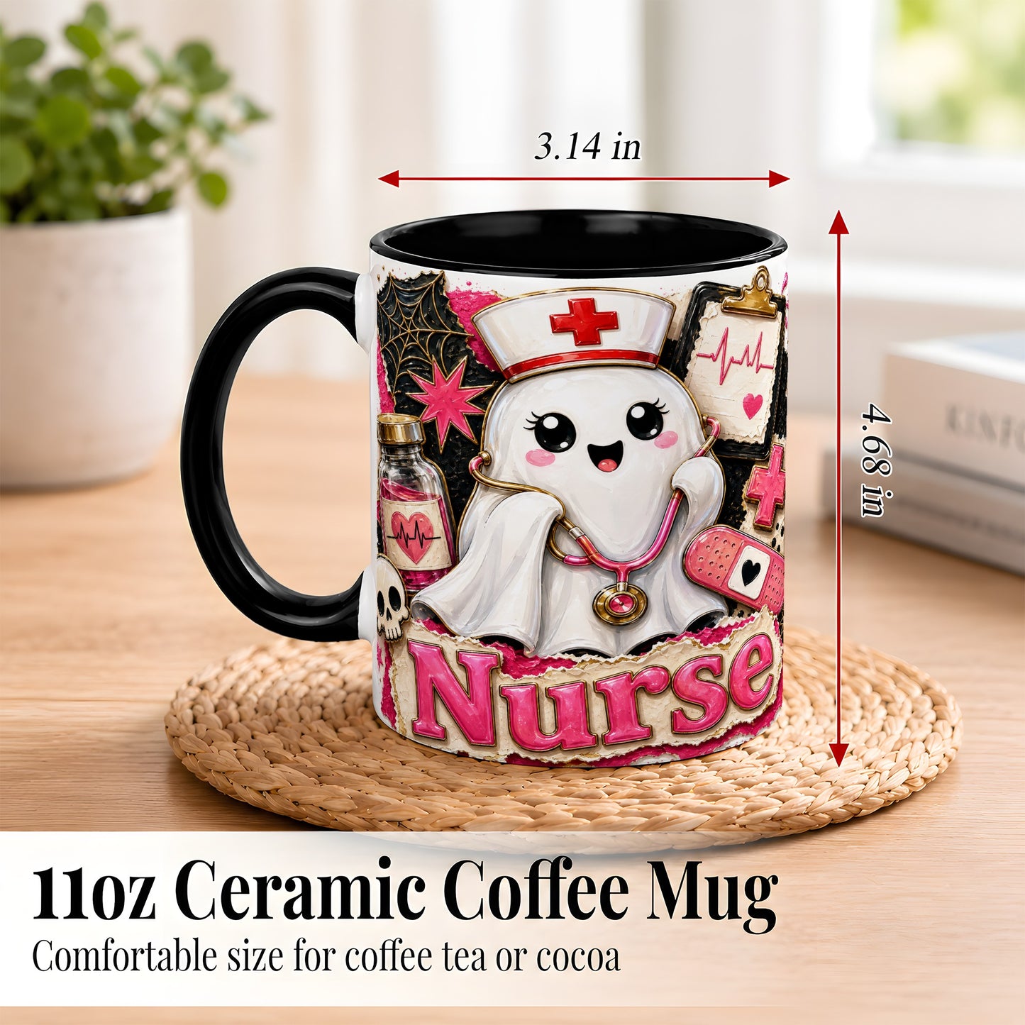 #pl[11oz|Black] Cute Nurse Ghost Coffee Mug, Halloween Nurse Mug, Ceramic Cup