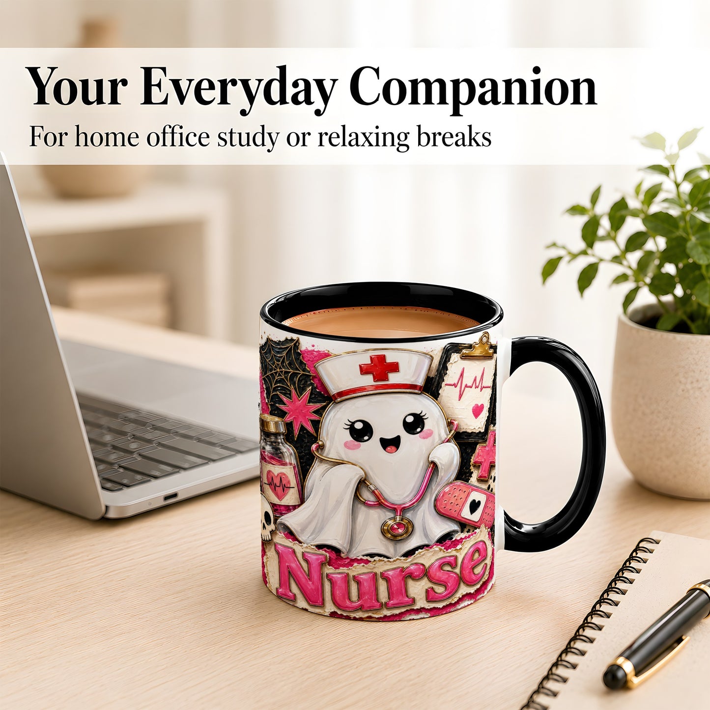 #pl[11oz|Black] Cute Nurse Ghost Coffee Mug, Halloween Nurse Mug, Ceramic Cup