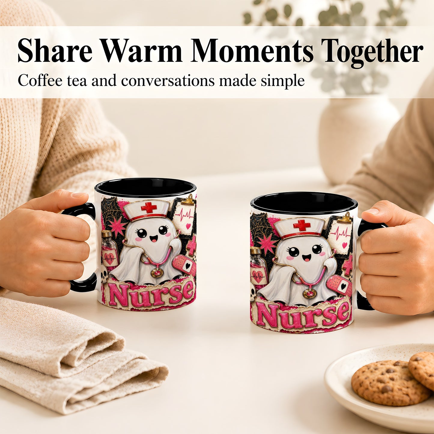 #pl[11oz|Black] Cute Nurse Ghost Coffee Mug, Halloween Nurse Mug, Ceramic Cup