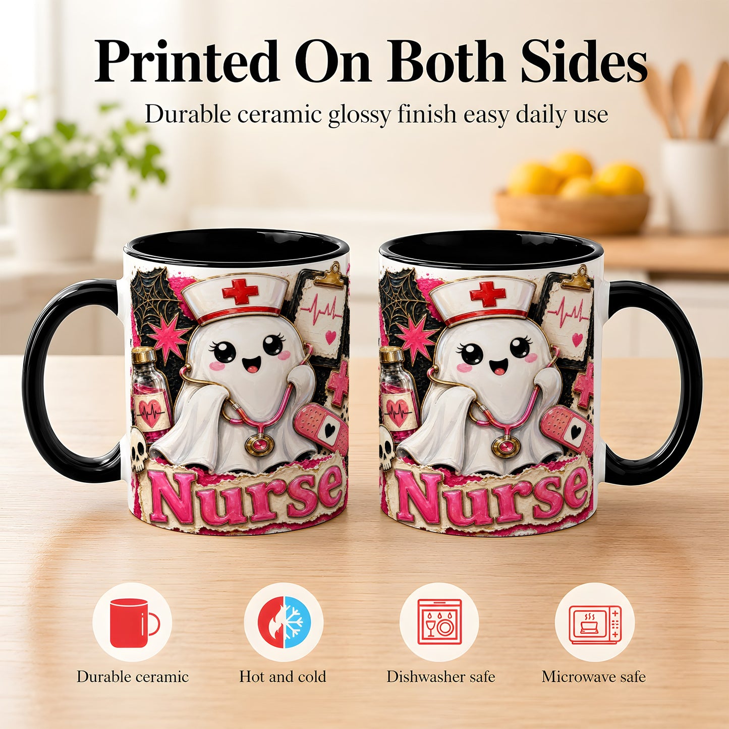 #pl[11oz|Black] Cute Nurse Ghost Coffee Mug, Halloween Nurse Mug, Ceramic Cup