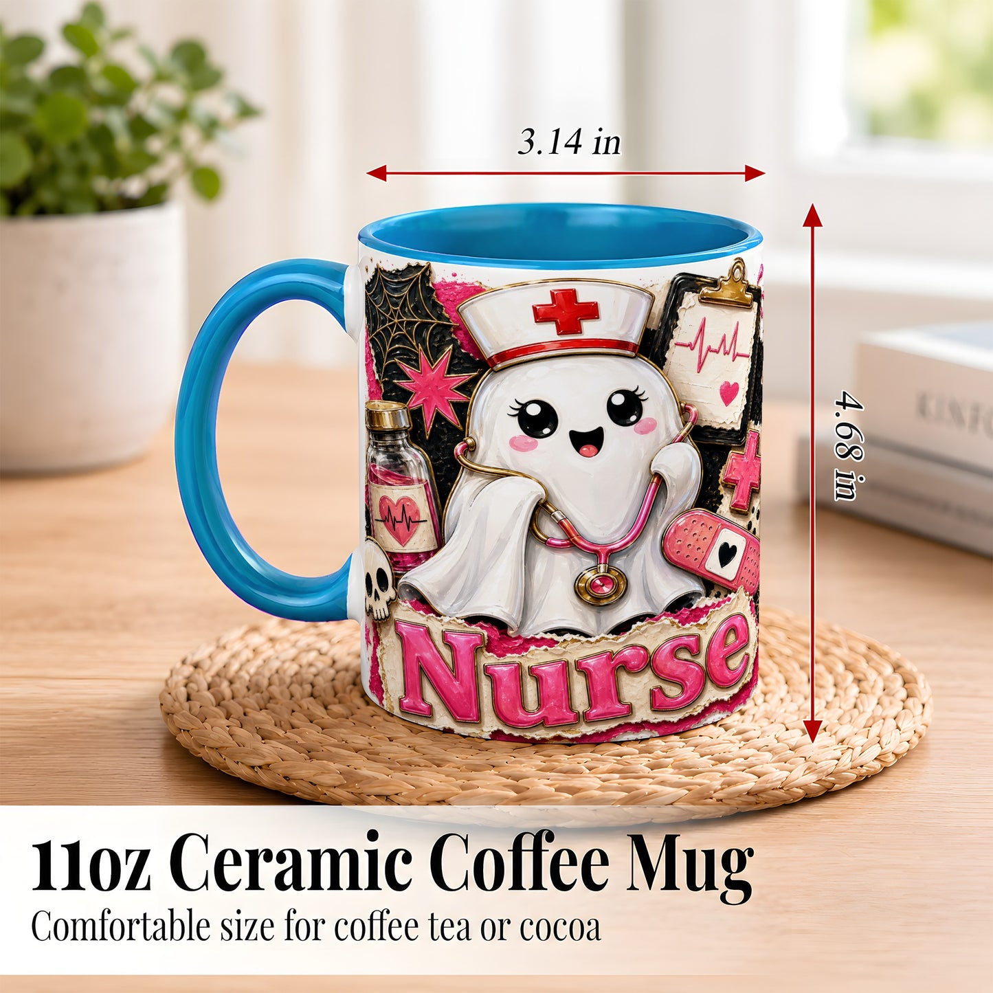 #pl[11oz|Blue] Cute Nurse Ghost Coffee Mug, Halloween Nurse Mug, Ceramic Cup