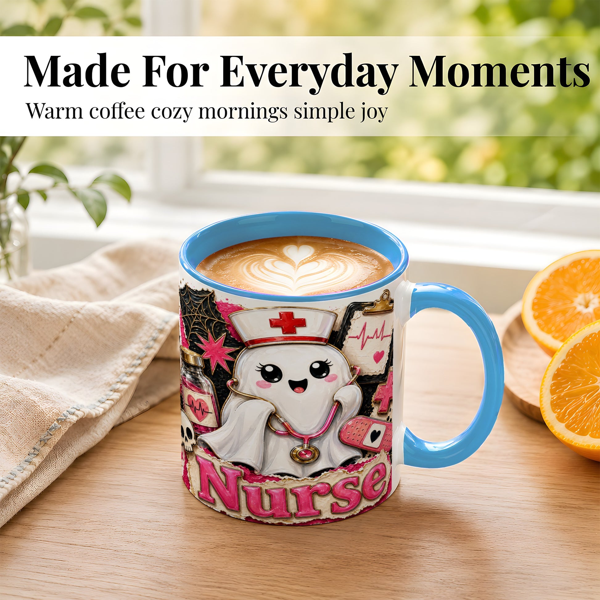 #pl[11oz|Blue] Cute Nurse Ghost Coffee Mug, Halloween Nurse Mug, Ceramic Cup