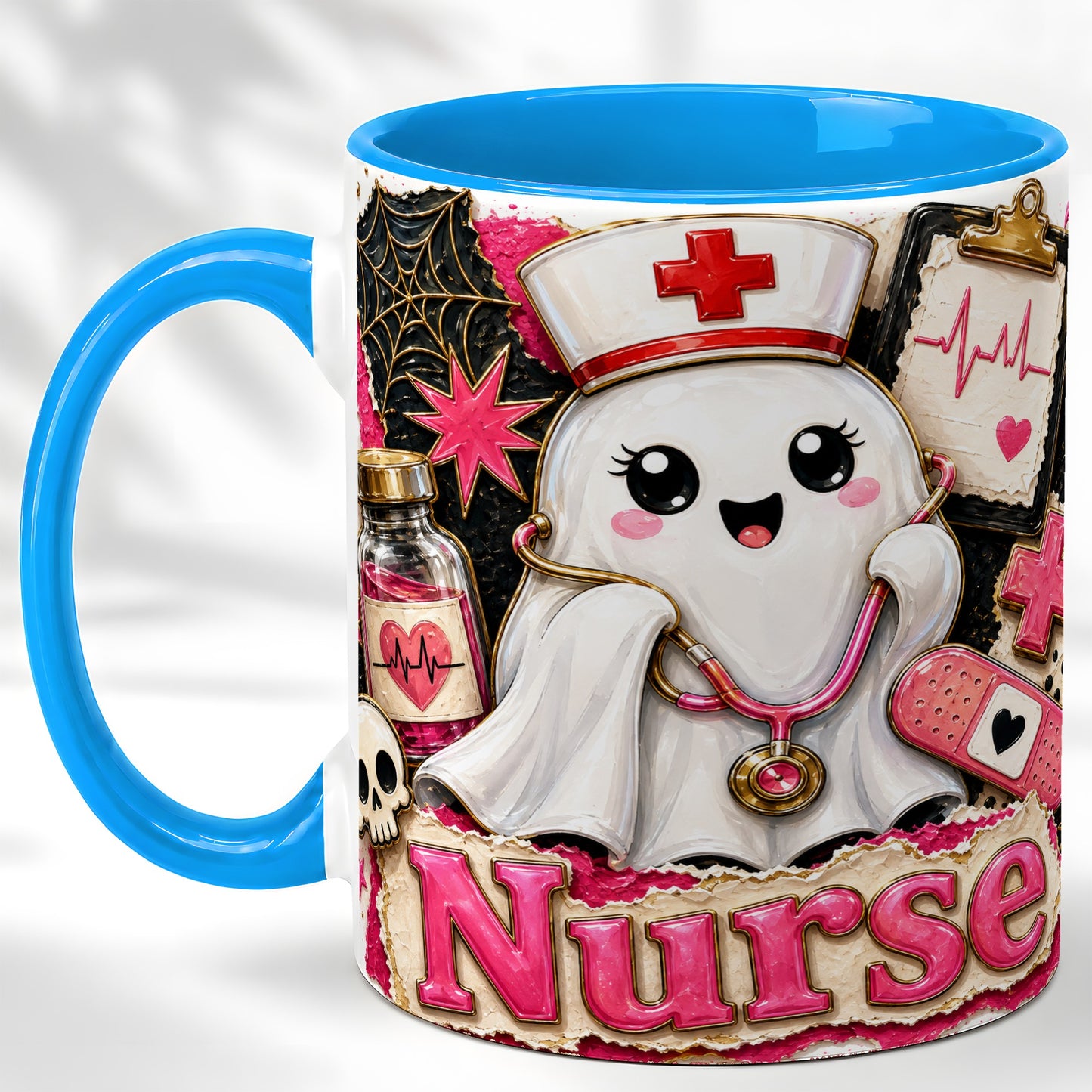 #pl[11oz|Blue] Cute Nurse Ghost Coffee Mug, Halloween Nurse Mug, Ceramic Cup