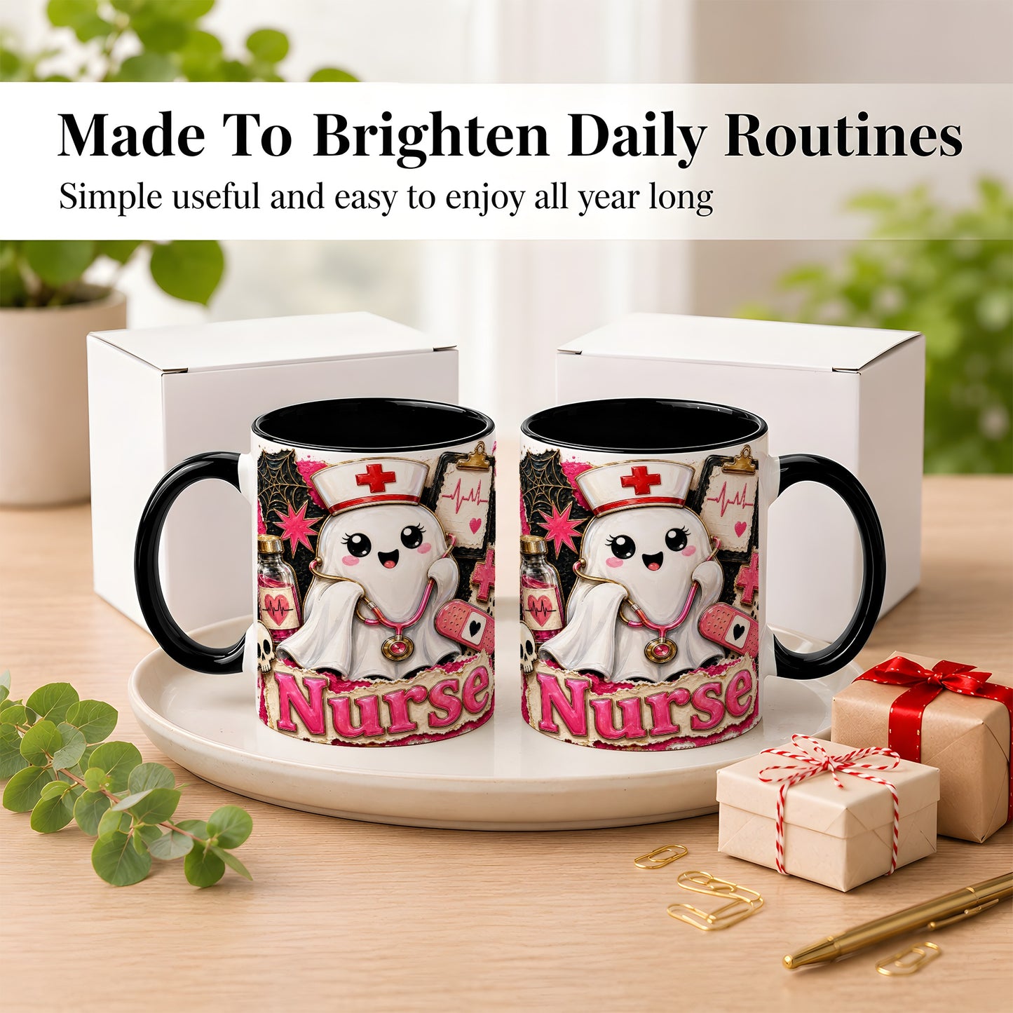 #pl[11oz|Black] Cute Nurse Ghost Coffee Mug, Halloween Nurse Mug, Ceramic Cup