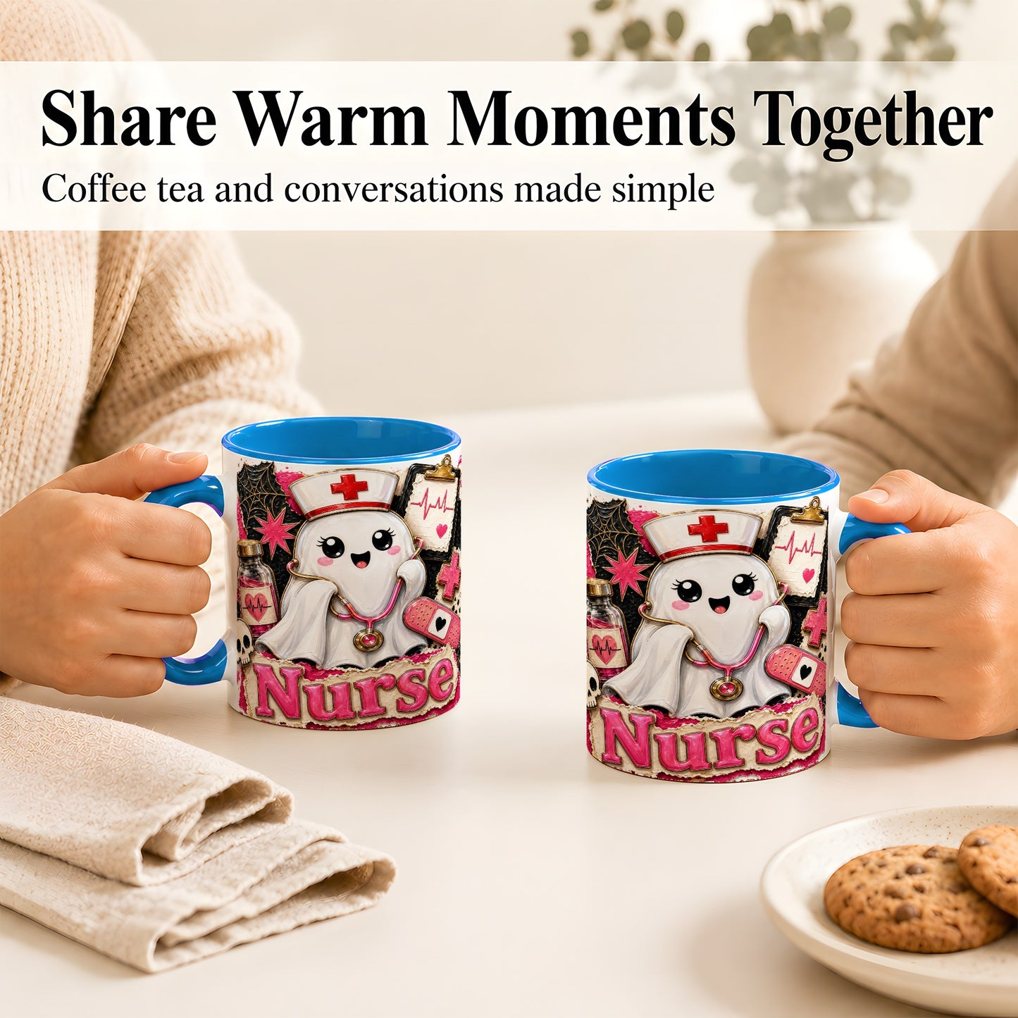 #pl[11oz|Blue] Cute Nurse Ghost Coffee Mug, Halloween Nurse Mug, Ceramic Cup