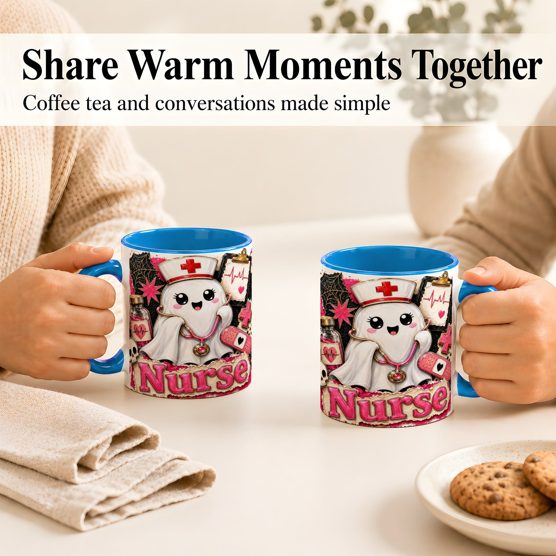 #pl[11oz|Blue] Cute Nurse Ghost Coffee Mug, Halloween Nurse Mug, Ceramic Cup