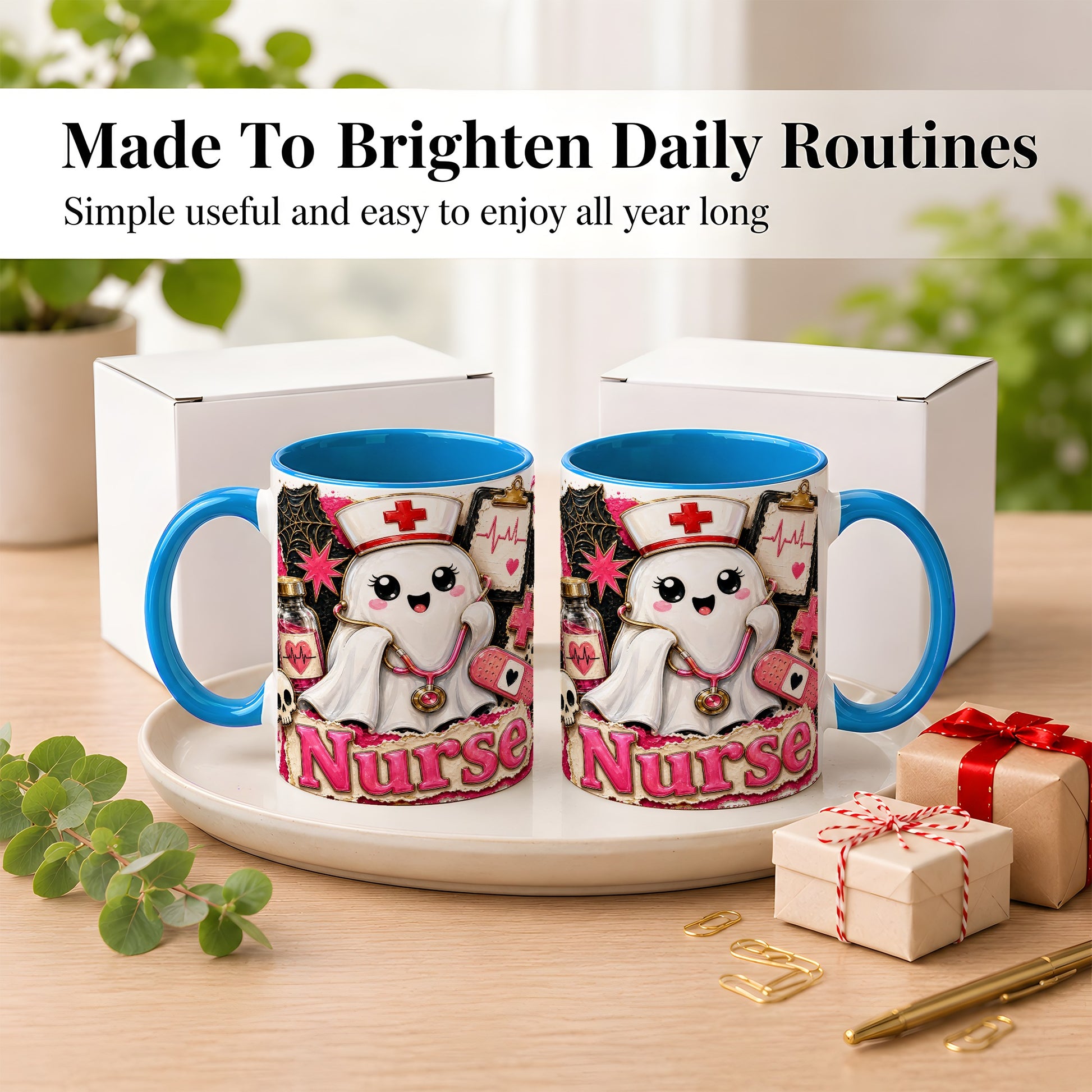 #pl[11oz|Blue] Cute Nurse Ghost Coffee Mug, Halloween Nurse Mug, Ceramic Cup