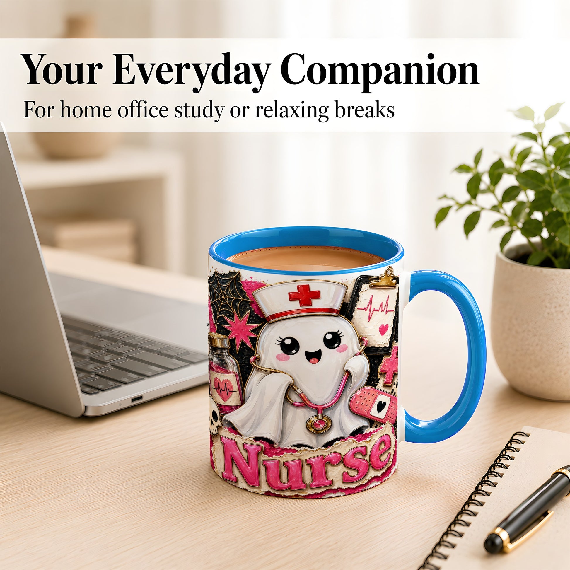 #pl[11oz|Blue] Cute Nurse Ghost Coffee Mug, Halloween Nurse Mug, Ceramic Cup